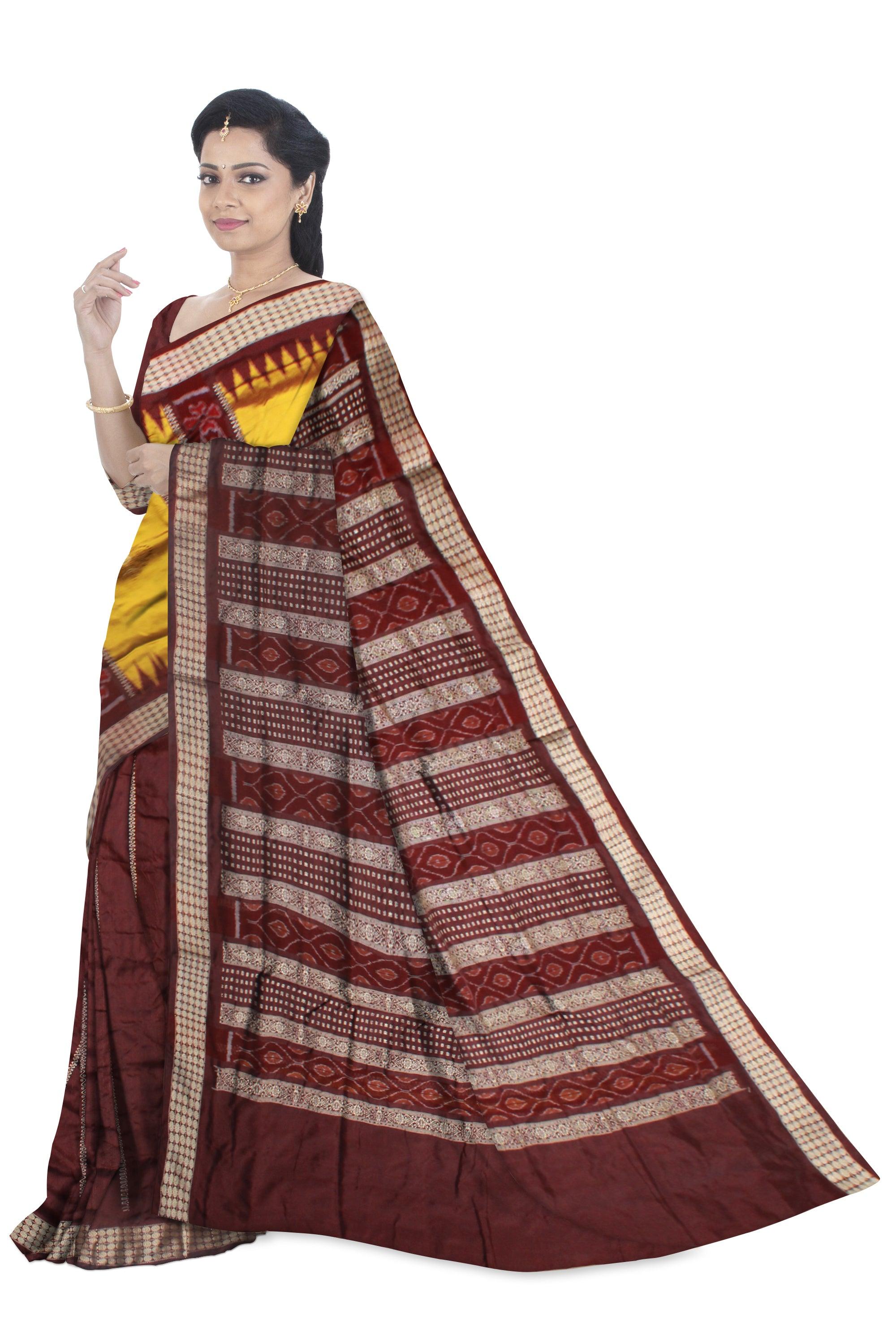 LATEST PATLI DESIGN YELLOW AND COFFEE COLOR PATA SAREE. WITH BLOUSE PIECE. - Koshali Arts & Crafts Enterprise