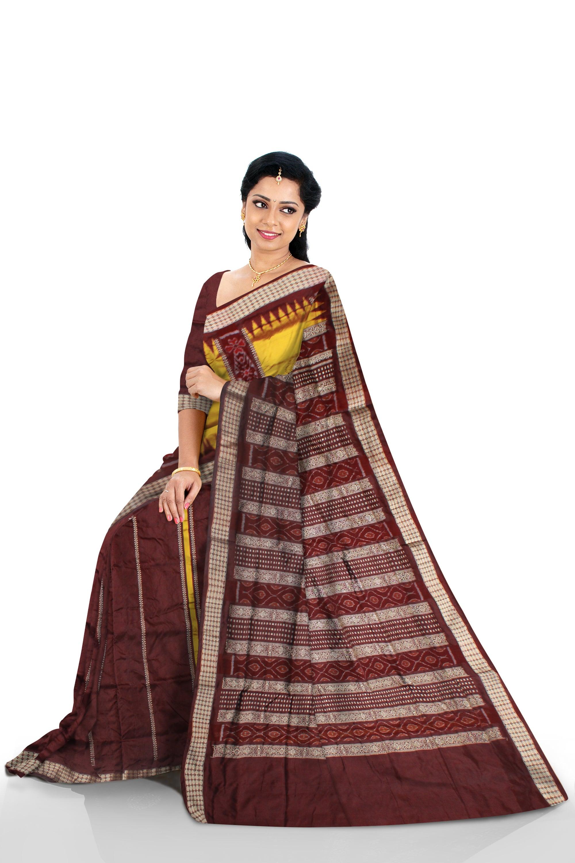 LATEST PATLI DESIGN YELLOW AND COFFEE COLOR PATA SAREE. WITH BLOUSE PIECE. - Koshali Arts & Crafts Enterprise