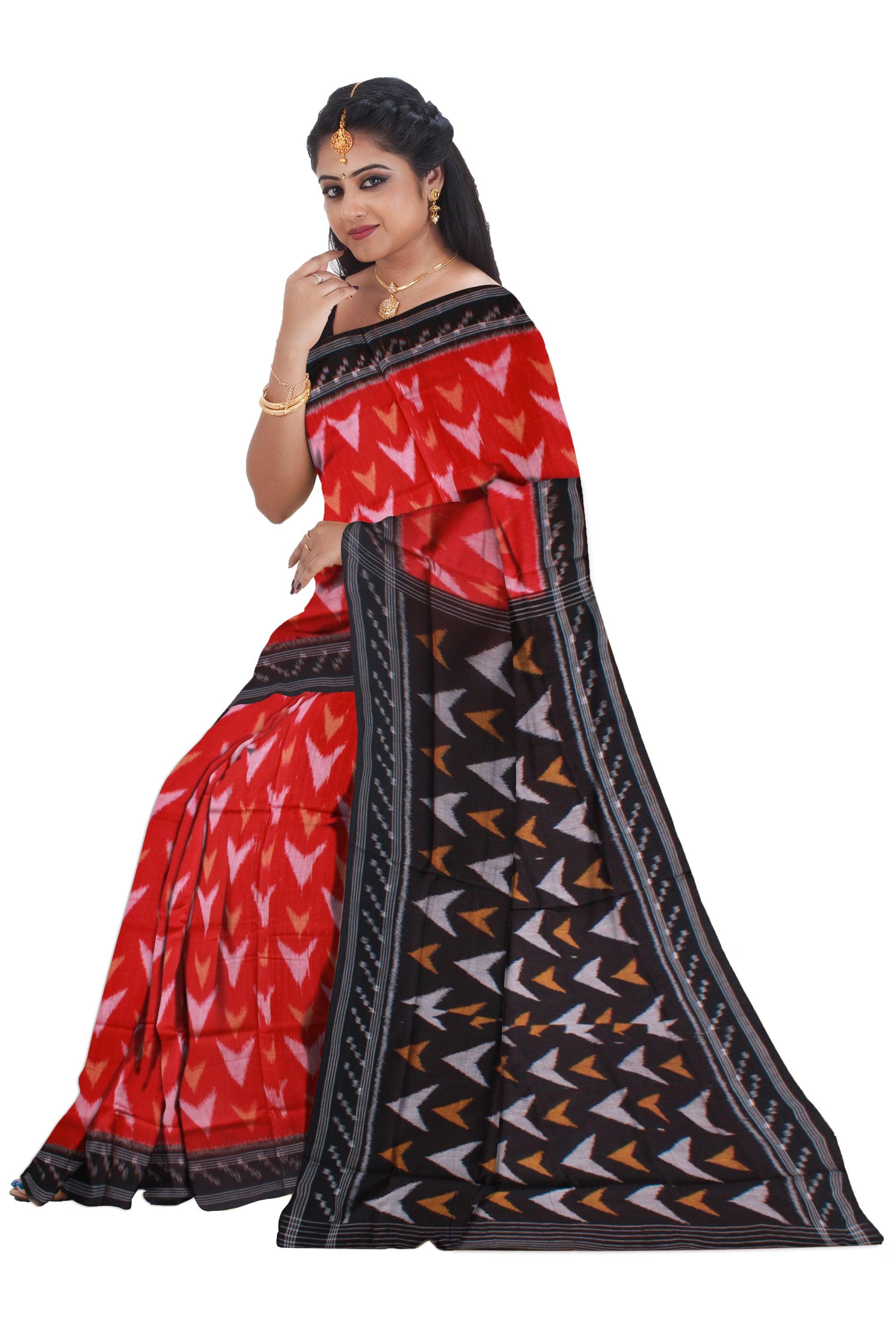 A BEAUTIFUL PATTERN MANIABANDHA COTTON SAREE IS RED AND BLACK COLOR BASE, WITHOUT BLOUSE PIECE. - Koshali Arts & Crafts Enterprise