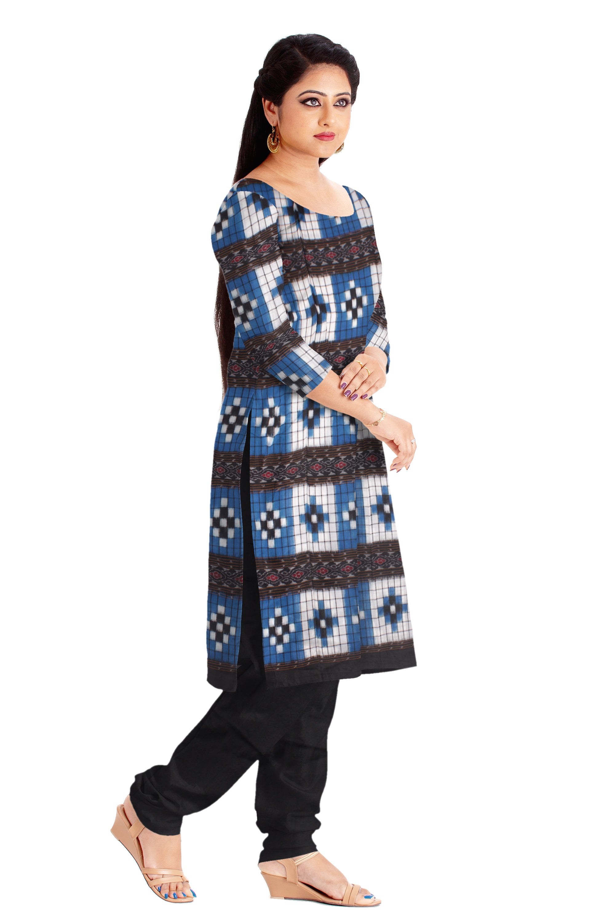 Cotton Dress Material in Beautiful Sky blue and Black color with Pasapali design. Contrast Dupatta UNSTITCHED DRESS SET - Koshali Arts & Crafts Enterprise