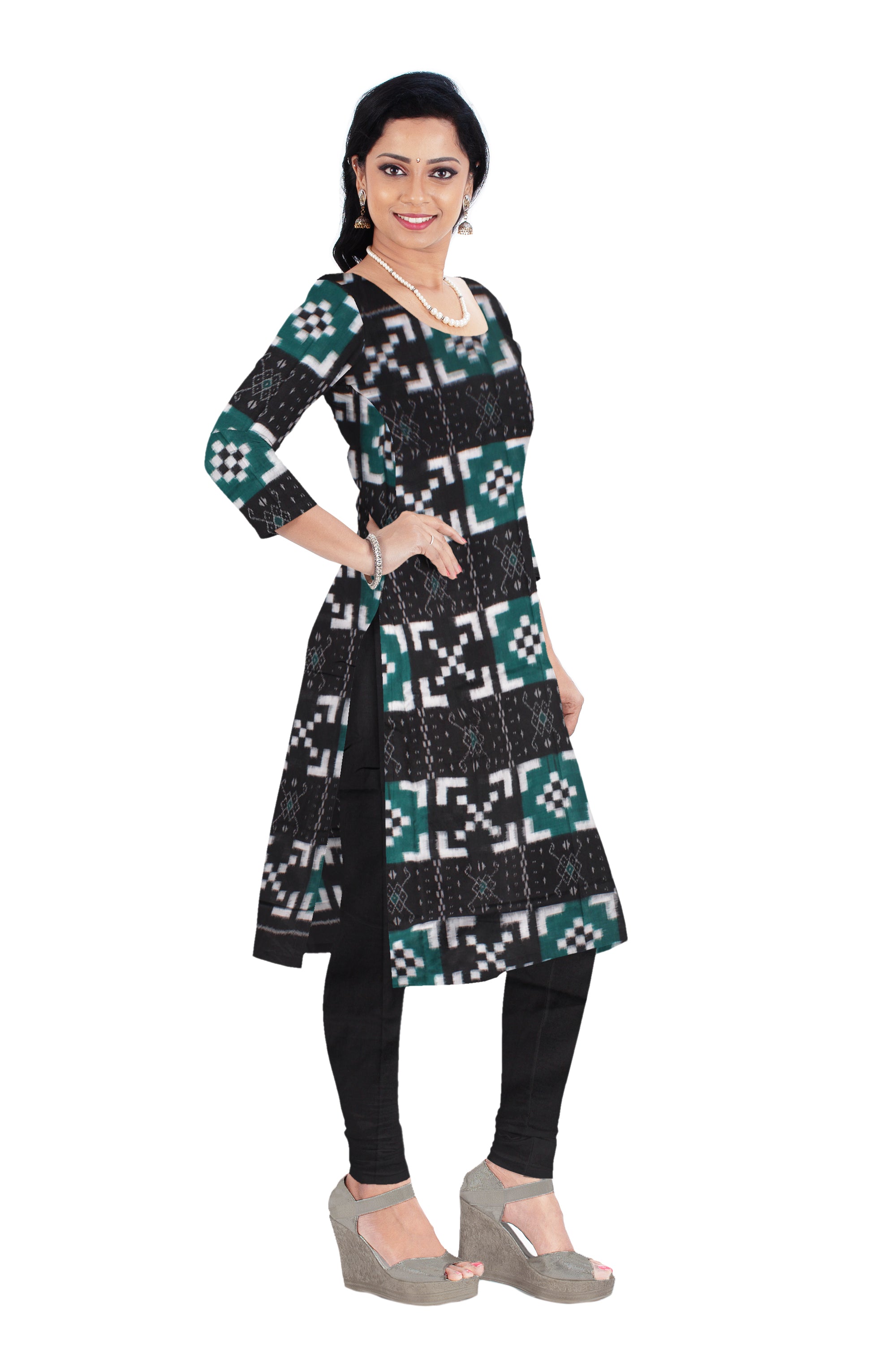 Cotton Dress Material in Beautiful Dark-green and Black color with Pasapali design. Contrast Dupatta  UNSTITCHED DRESS SET - Koshali Arts & Crafts Enterprise