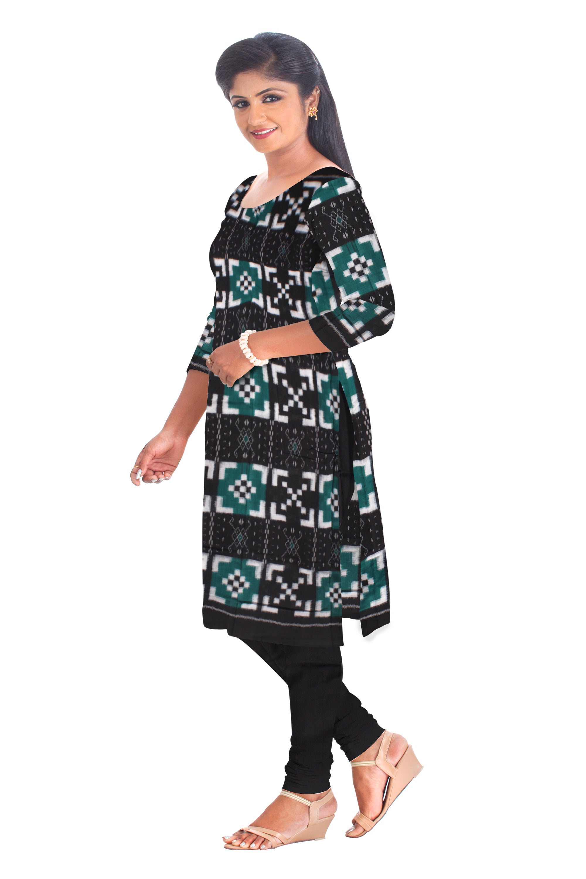 Cotton Dress Material in Beautiful Dark-green and Black color with Pasapali design. Contrast Dupatta  UNSTITCHED DRESS SET - Koshali Arts & Crafts Enterprise