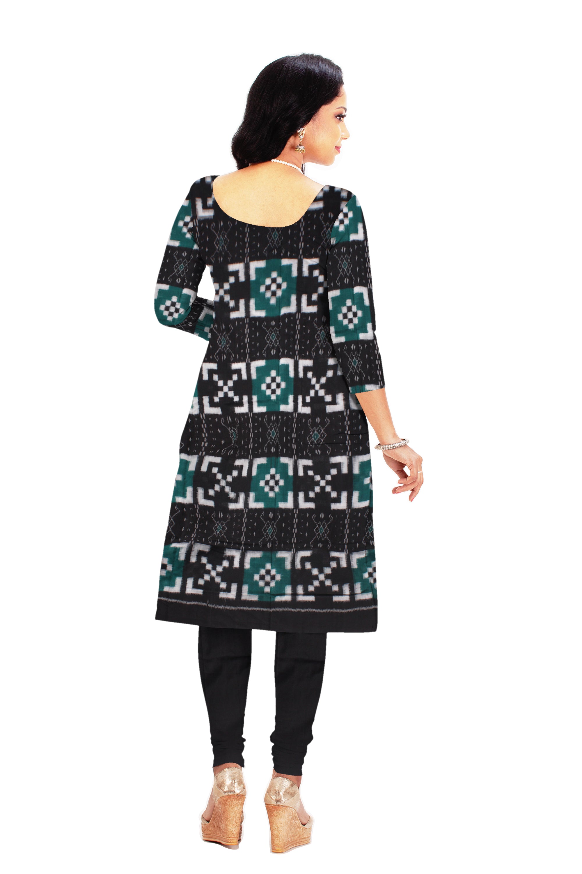 Cotton Dress Material in Beautiful Dark-green and Black color with Pasapali design. Contrast Dupatta  UNSTITCHED DRESS SET - Koshali Arts & Crafts Enterprise