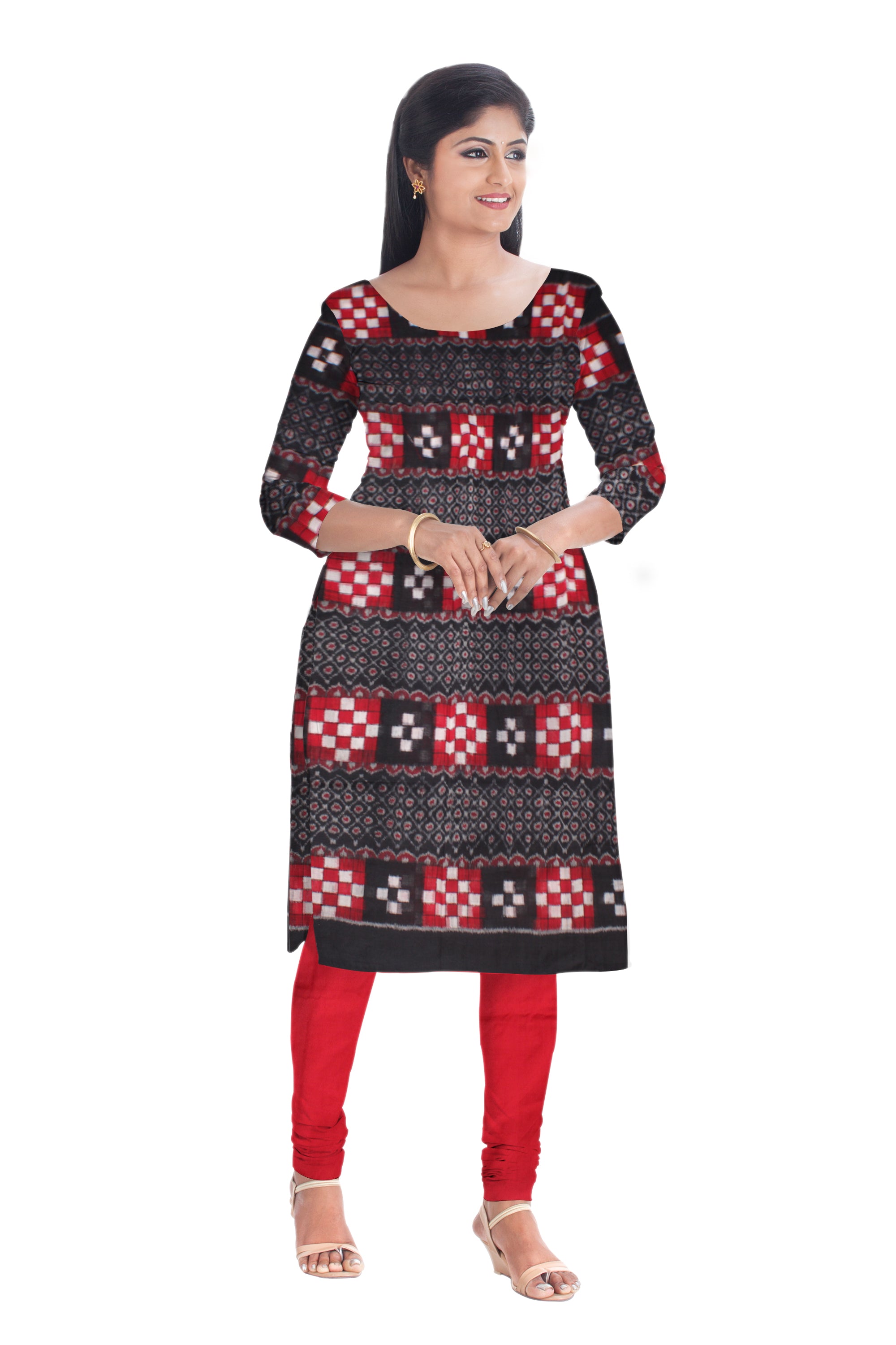 Pasapali design cotton unstitched dress material comes with black and red colour. And Dupatta in red colour  DRESS SET - Koshali Arts & Crafts Enterprise