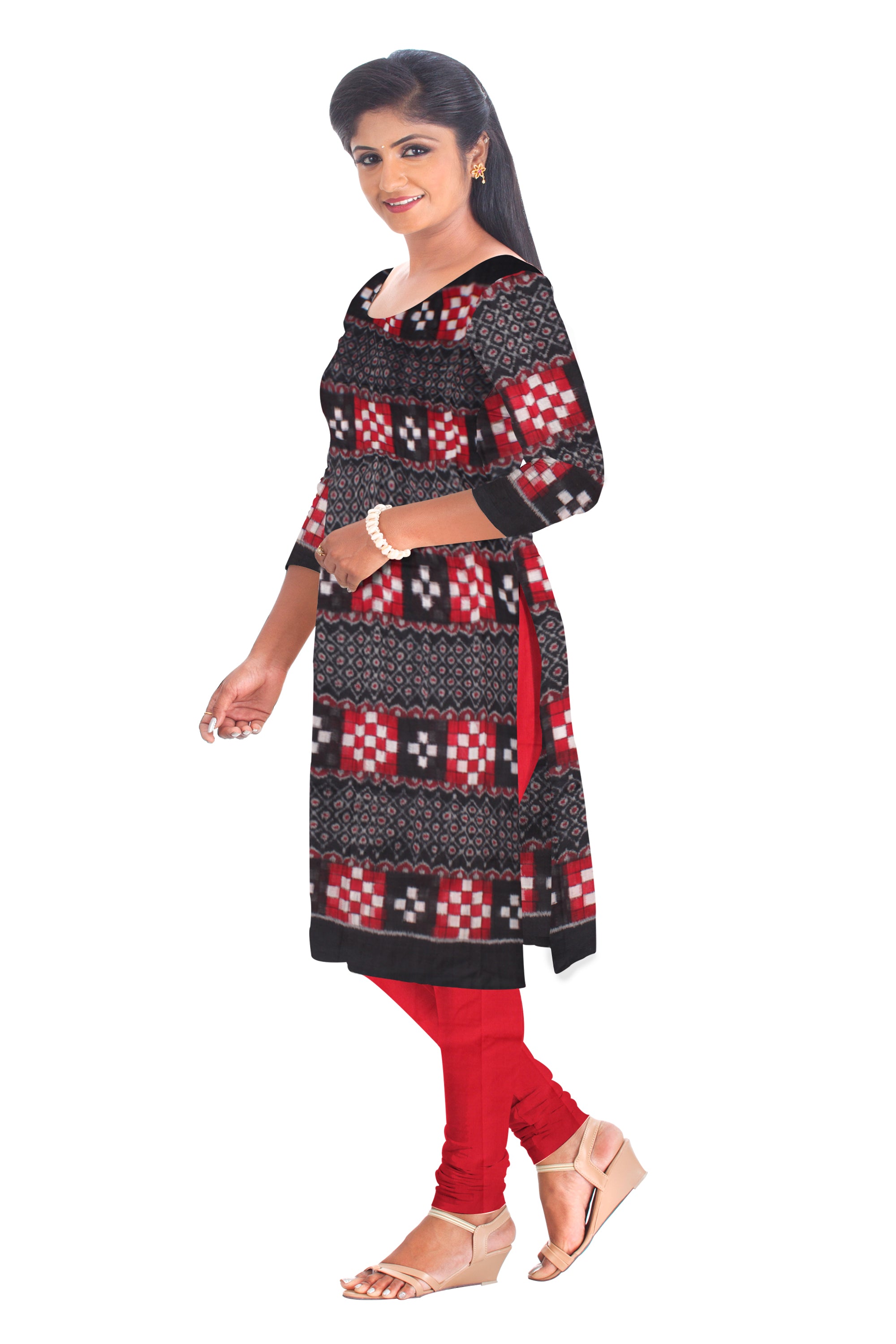 Pasapali design cotton unstitched dress material comes with black and red colour. And Dupatta in red colour  DRESS SET - Koshali Arts & Crafts Enterprise
