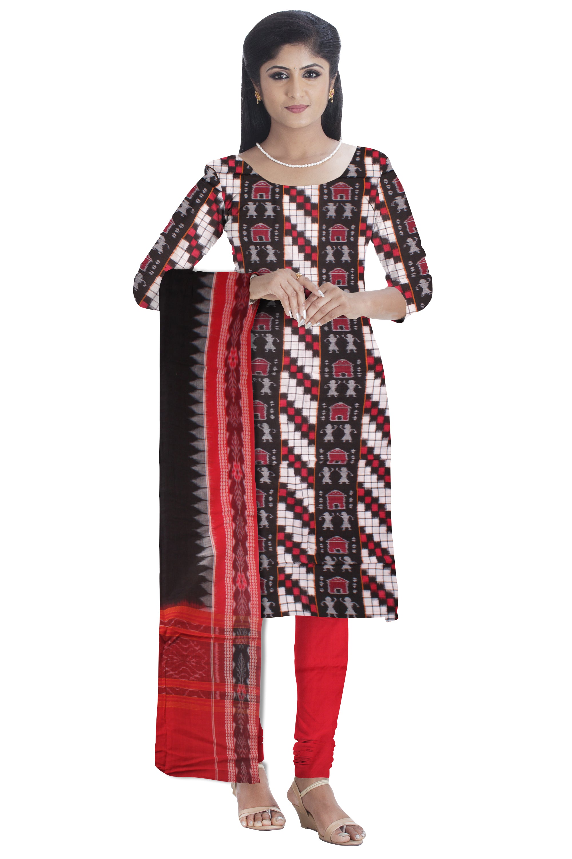 Cotton Dress Material in terracotta and pasapali pattern White, Red and Black color. Black and red colour Dupatta UNSTITCHED DRESS SET - Koshali Arts & Crafts Enterprise