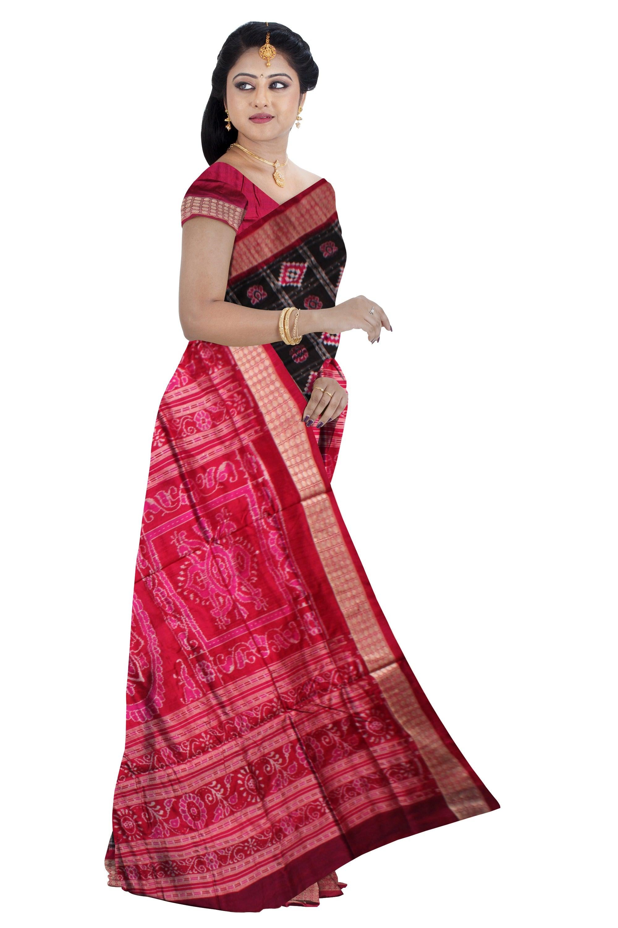 ORIGINAL SILK SAREE IN PASAPALI DESIGN IN BLACK AND PINK COLOR BASE, ATTACHED WITH BLOUSE PIECE. - Koshali Arts & Crafts Enterprise