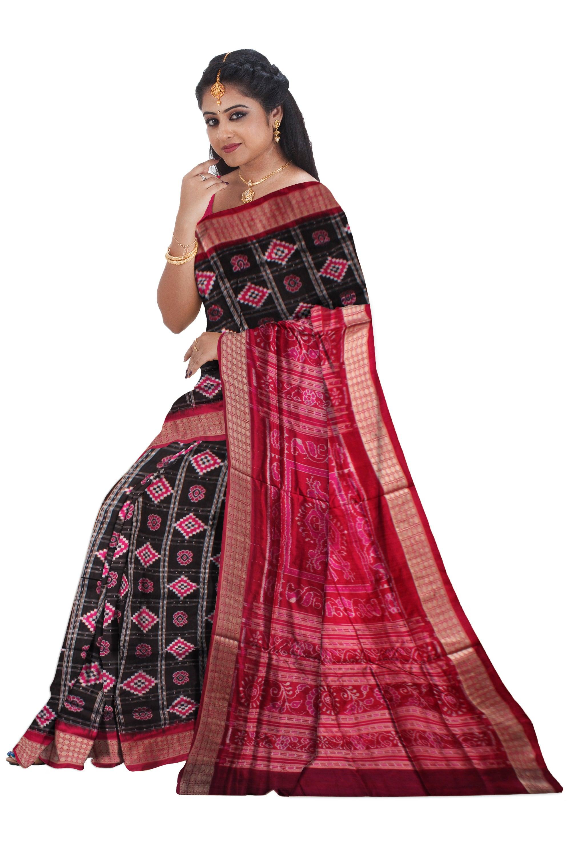 ORIGINAL SILK SAREE IN PASAPALI DESIGN IN BLACK AND PINK COLOR BASE, ATTACHED WITH BLOUSE PIECE. - Koshali Arts & Crafts Enterprise