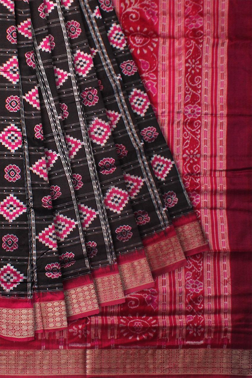 ORIGINAL SILK SAREE IN PASAPALI DESIGN IN BLACK AND PINK COLOR BASE, ATTACHED WITH BLOUSE PIECE. - Koshali Arts & Crafts Enterprise
