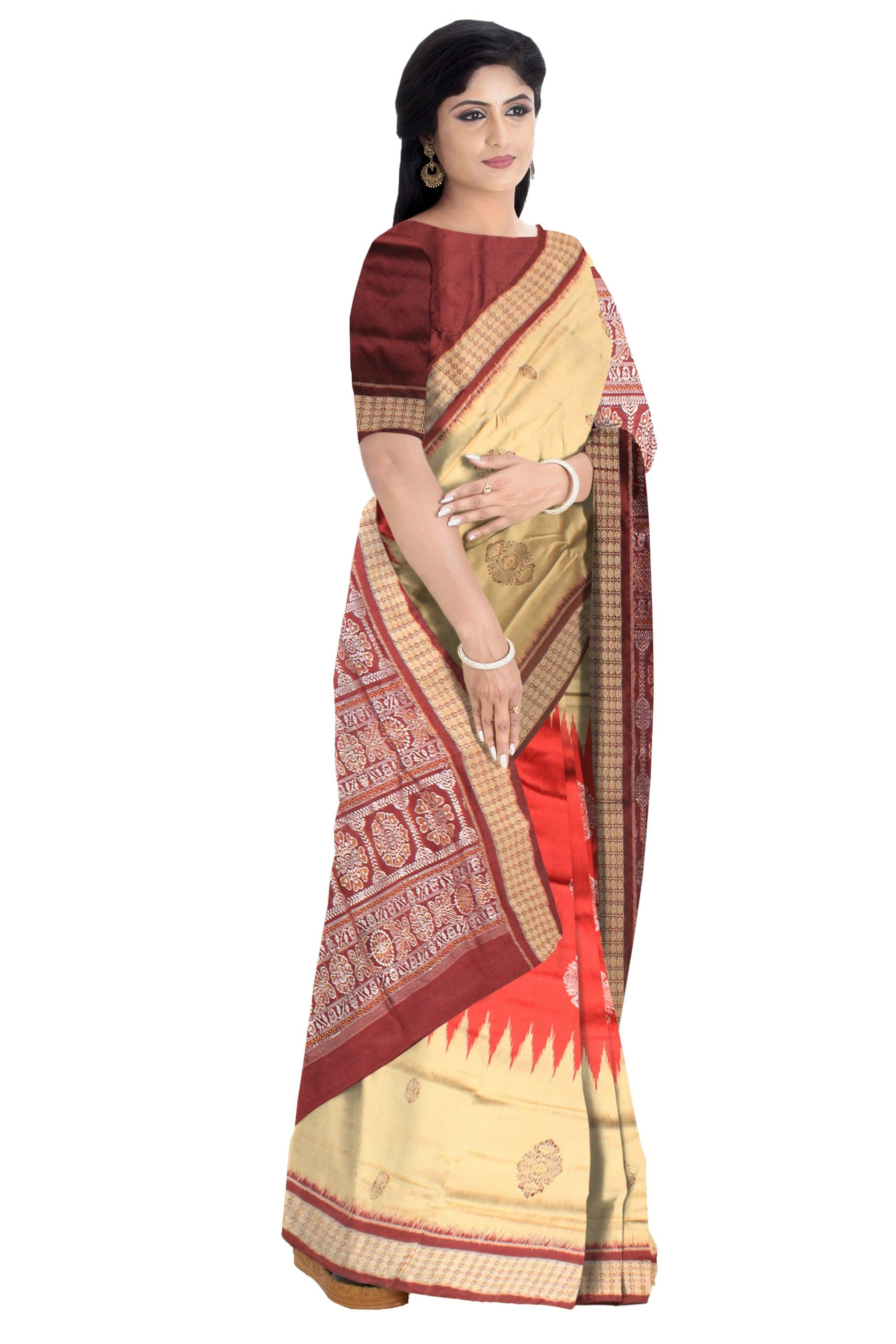 GOLDEN, RED AND COFFEE COLOR SONEPURI PADMA PATA SAREE WITH BLOUSE PIECE. - Koshali Arts & Crafts Enterprise