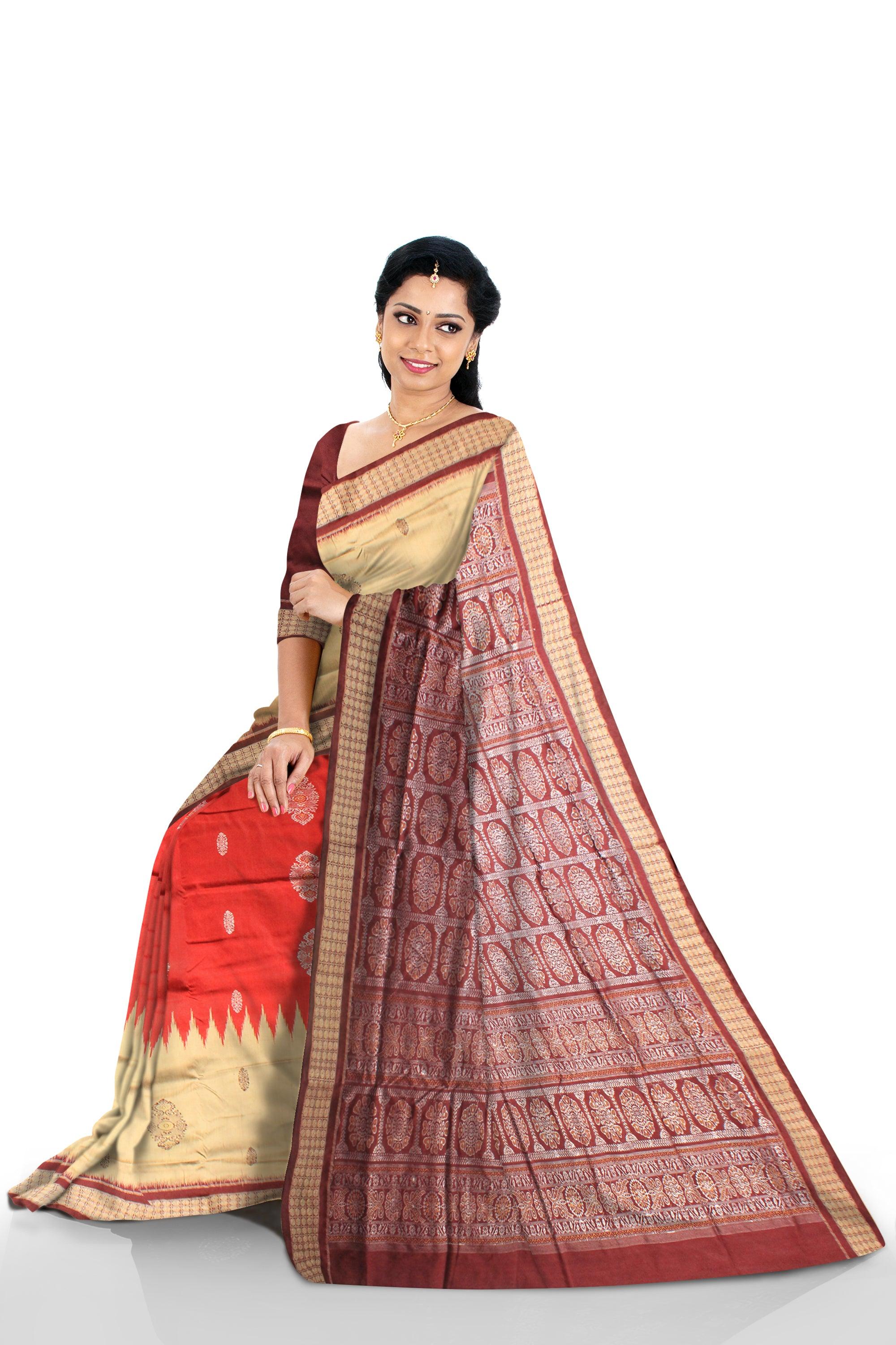 GOLDEN, RED AND COFFEE COLOR SONEPURI PADMA PATA SAREE WITH BLOUSE PIECE. - Koshali Arts & Crafts Enterprise