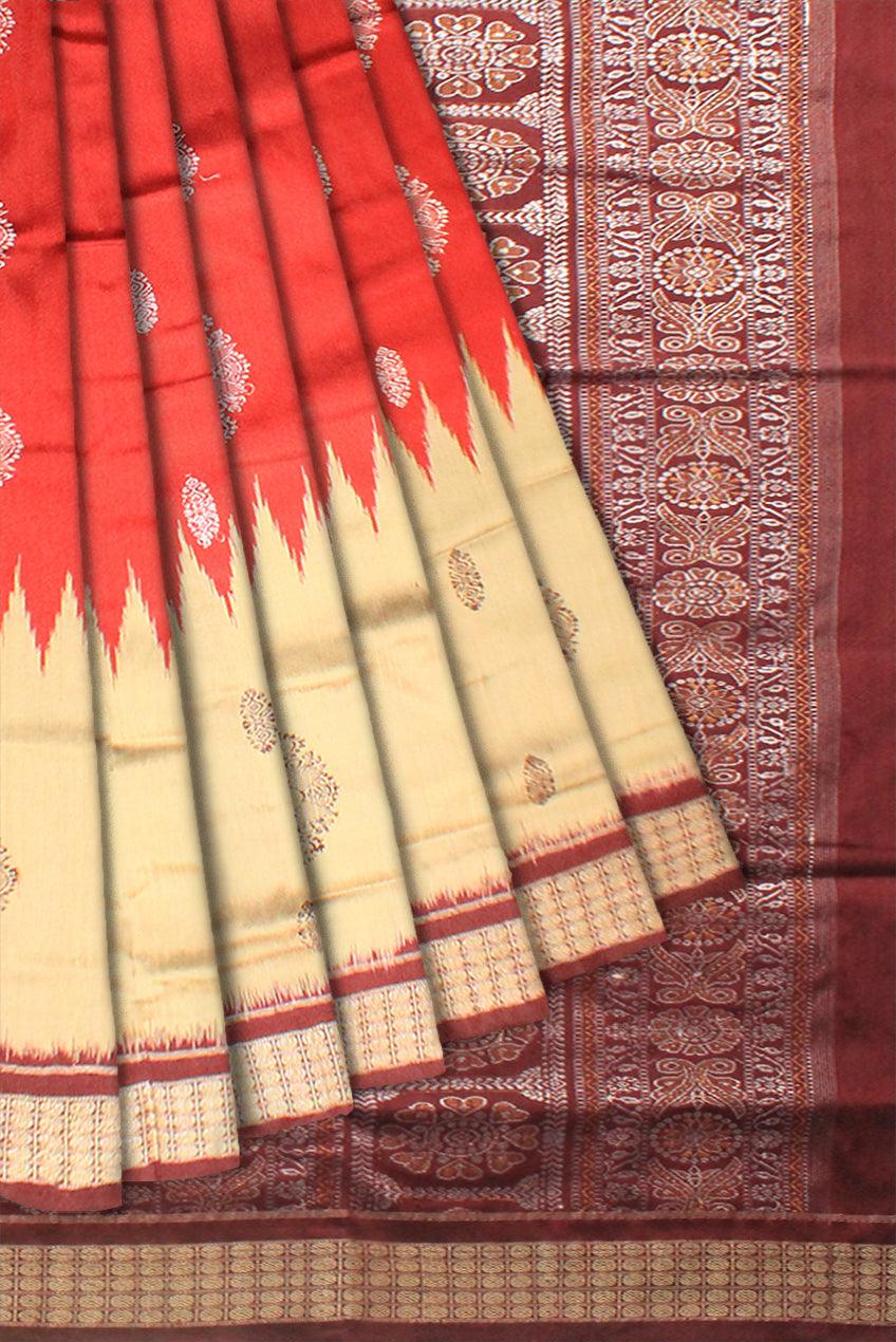 GOLDEN, RED AND COFFEE COLOR SONEPURI PADMA PATA SAREE WITH BLOUSE PIECE. - Koshali Arts & Crafts Enterprise