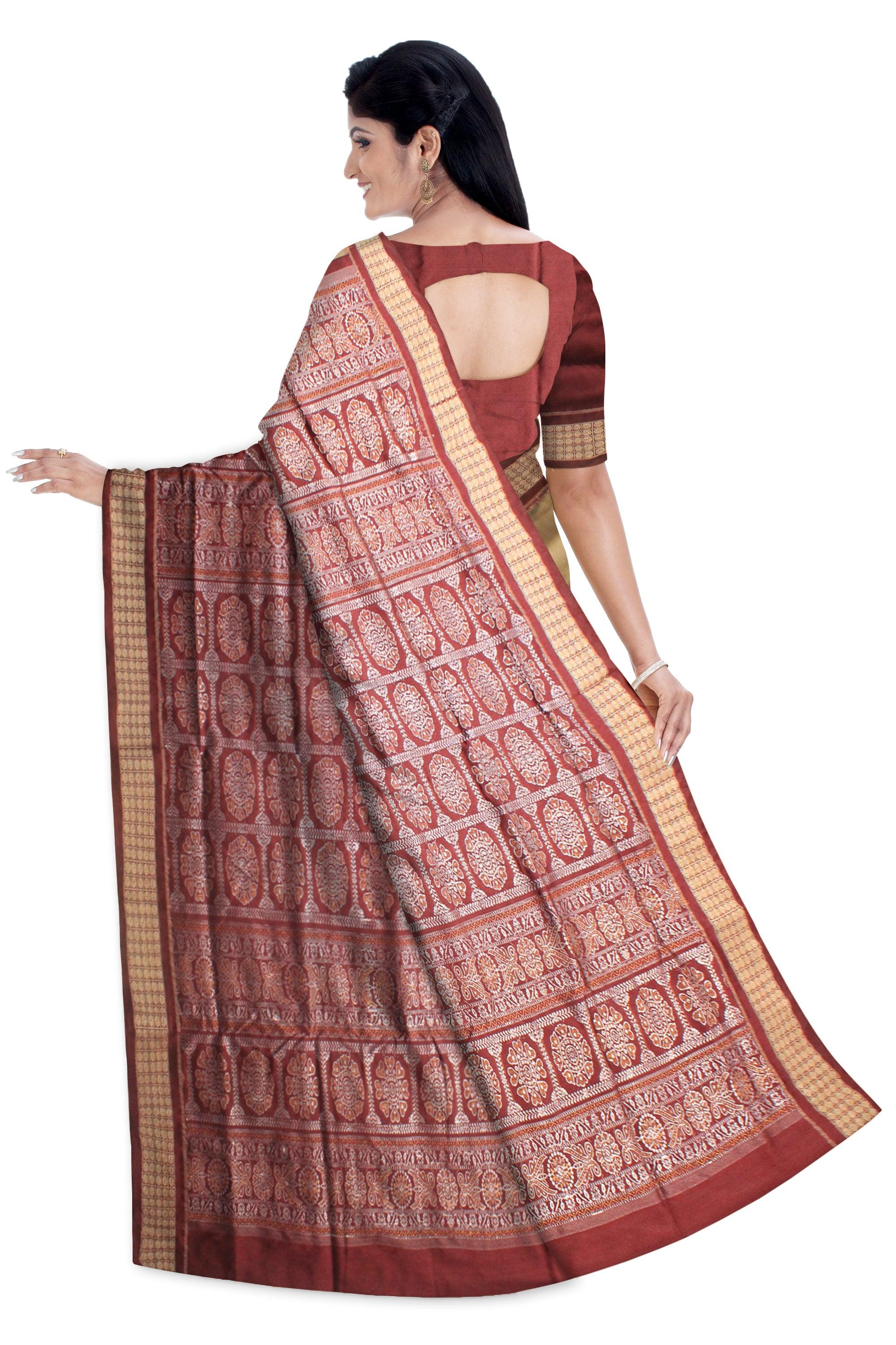 GOLDEN, RED AND COFFEE COLOR SONEPURI PADMA PATA SAREE WITH BLOUSE PIECE. - Koshali Arts & Crafts Enterprise