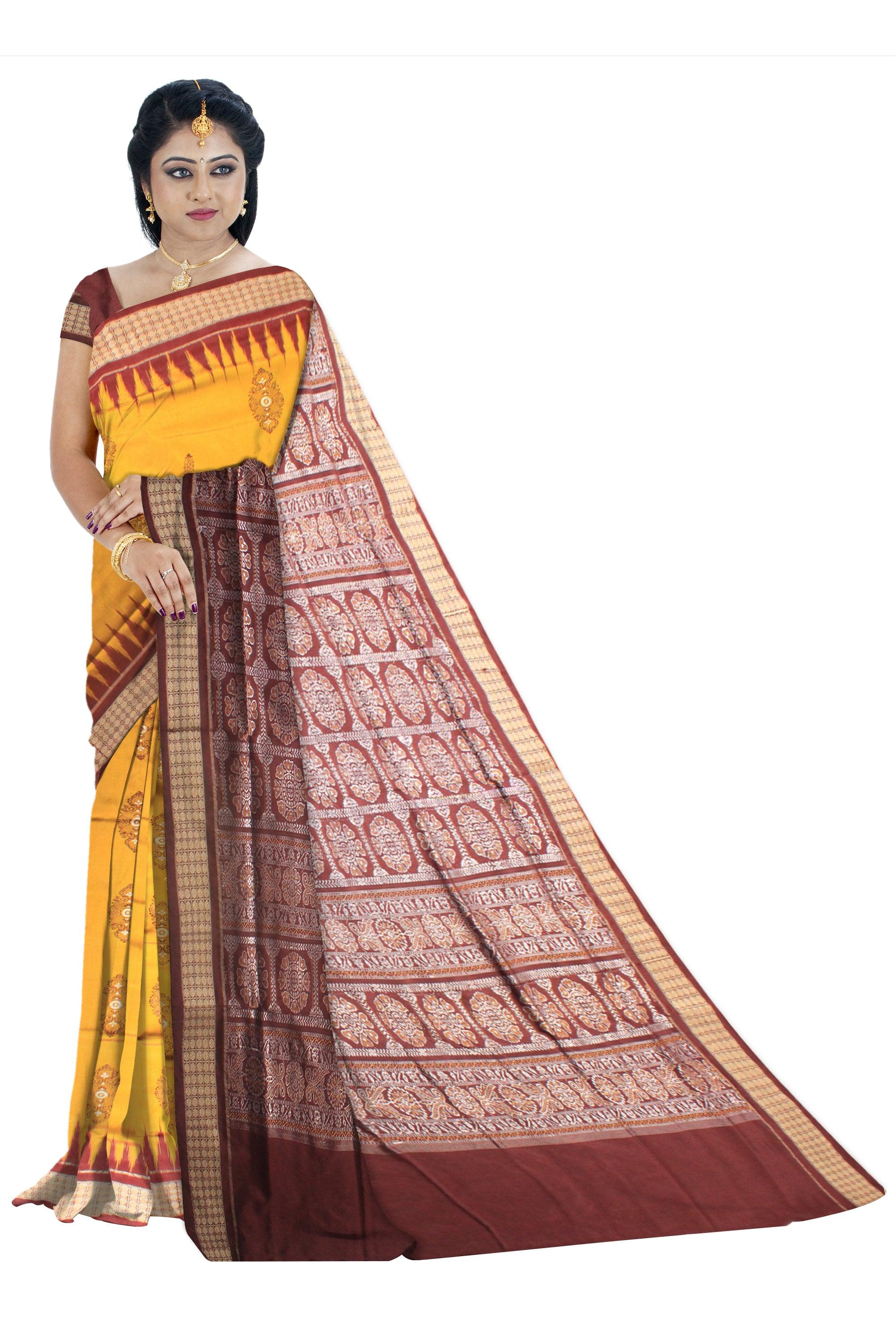 YELLOW AND COFFEE COLOR SONEPURI PADMA PATA SAREE WITH BLOUSE PIECE. - Koshali Arts & Crafts Enterprise