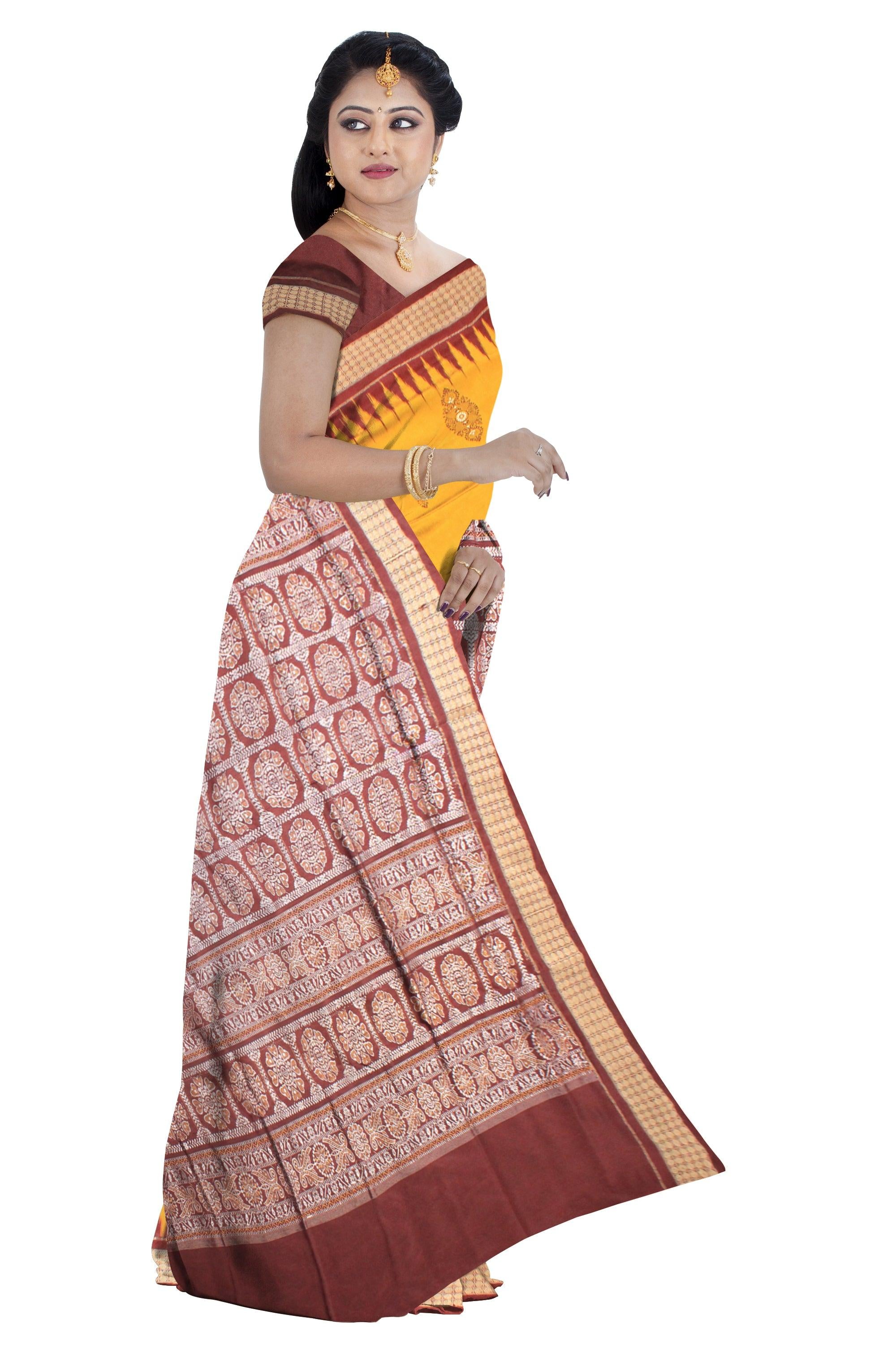 YELLOW AND COFFEE COLOR SONEPURI PADMA PATA SAREE WITH BLOUSE PIECE. - Koshali Arts & Crafts Enterprise