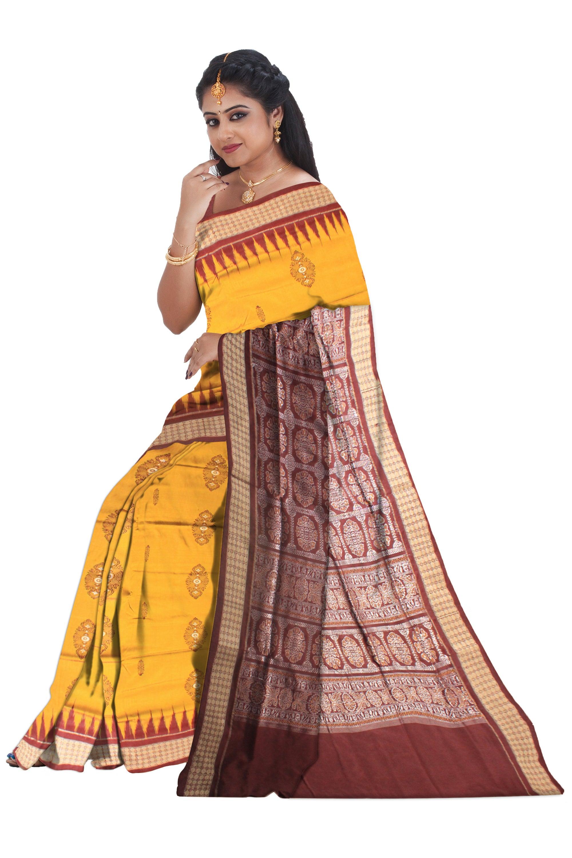 YELLOW AND COFFEE COLOR SONEPURI PADMA PATA SAREE WITH BLOUSE PIECE. - Koshali Arts & Crafts Enterprise