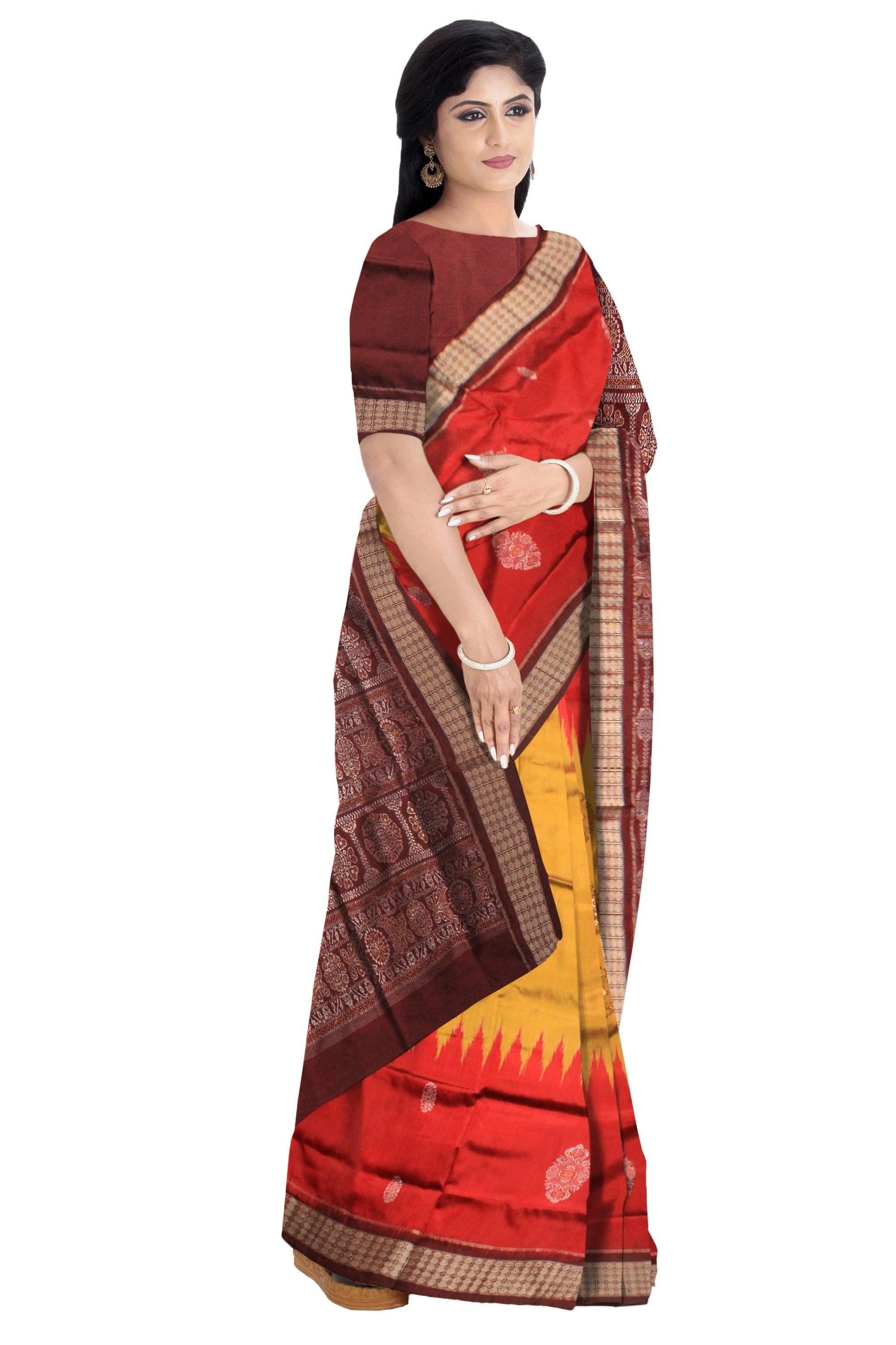 A SONEPUR PADMA PATA SAREE IN  RED AND GOLDEN COLOR , ATTACHED WITH BLOUSE PIECE. - Koshali Arts & Crafts Enterprise