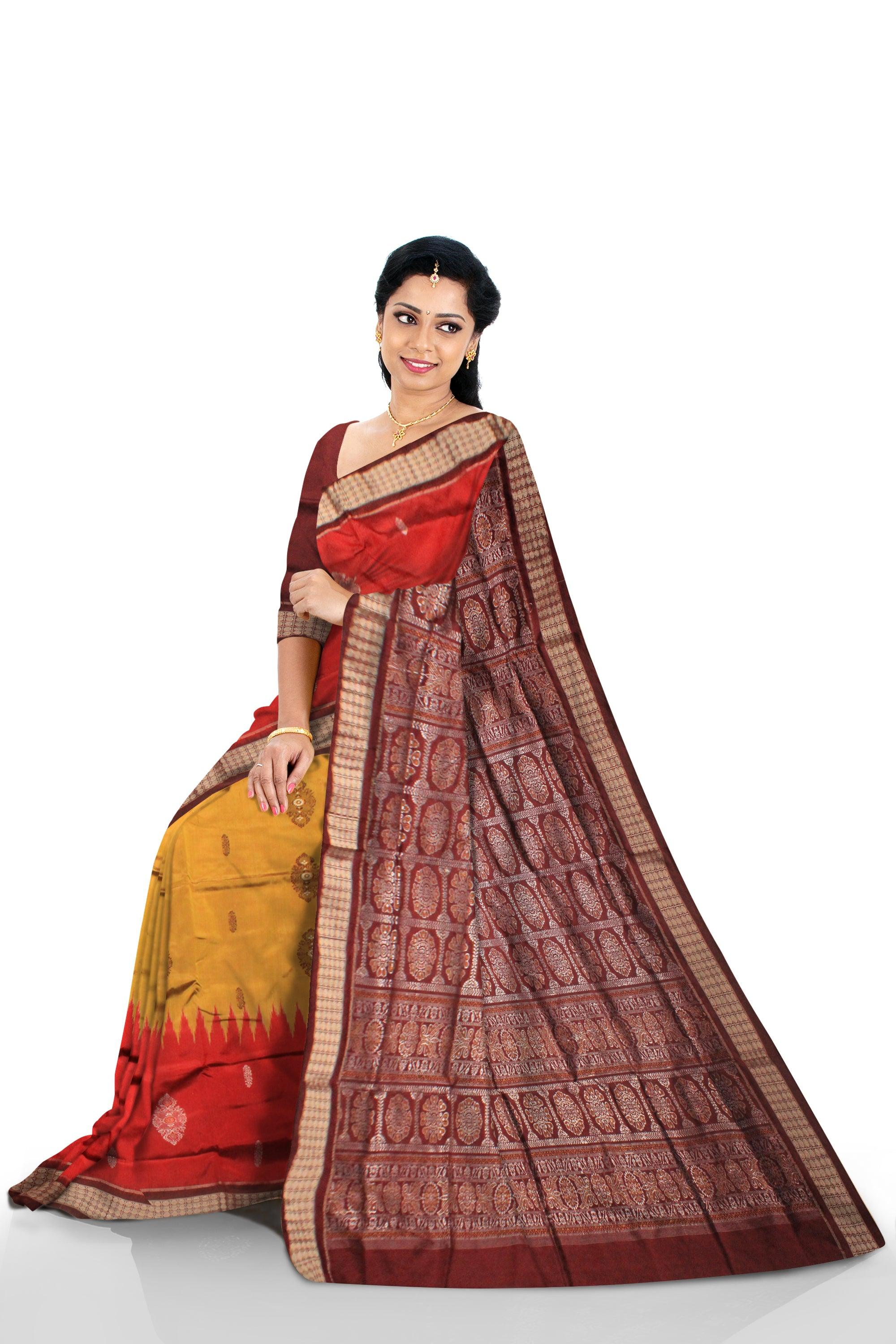 A SONEPUR PADMA PATA SAREE IN RED AND GOLDEN COLOR , ATTACHED WITH BLOUSE PIECE. - Koshali Arts & Crafts Enterprise