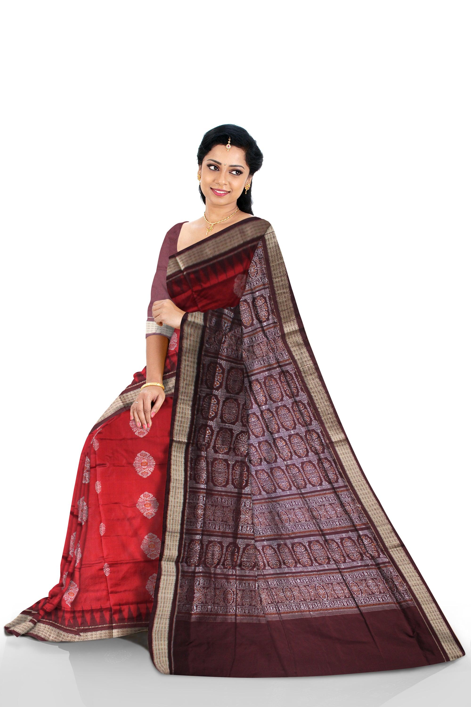 RED AND COFFEE COLOR PADMA PATA SAREE, WITH BLOUSE PIECE. - Koshali Arts & Crafts Enterprise