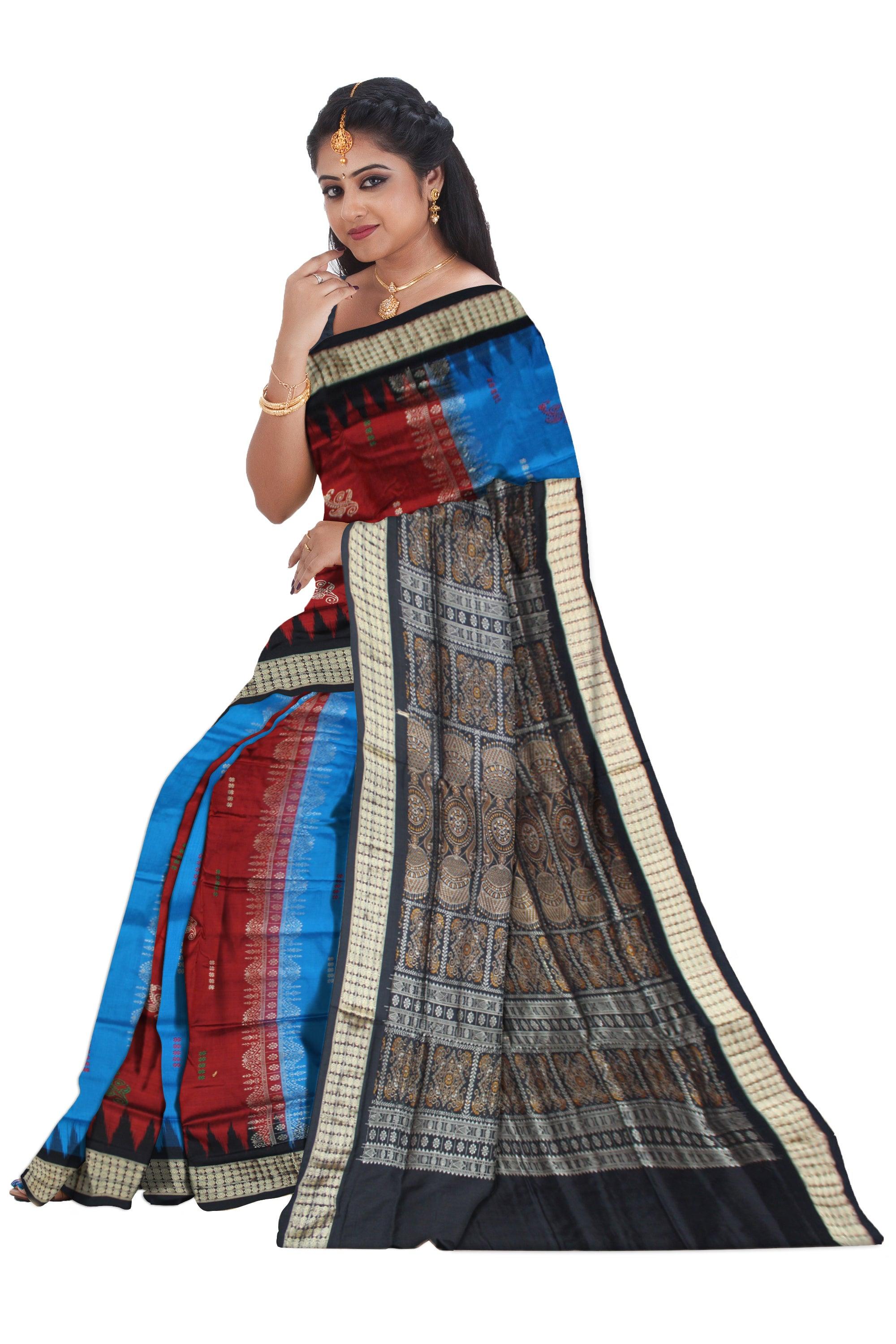 LATEST COLLECTION SKY , MAROON AND BLACK COLOR COMBINATION SILK SAREE , COMES WITH BLOUSE PIECE. - Koshali Arts & Crafts Enterprise