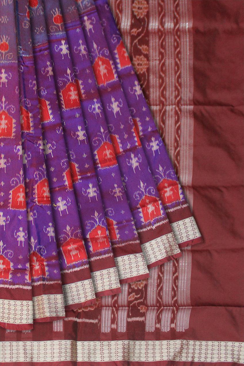 LATEST TRADITIONAL  PATTERN BODY TERRACOTTA PATTERN PATA SAREE IS PURPLE AND COFFEE COLOR BASE, ATTACHED WITH MATCHING BLOUSE PIECE. - Koshali Arts & Crafts Enterprise