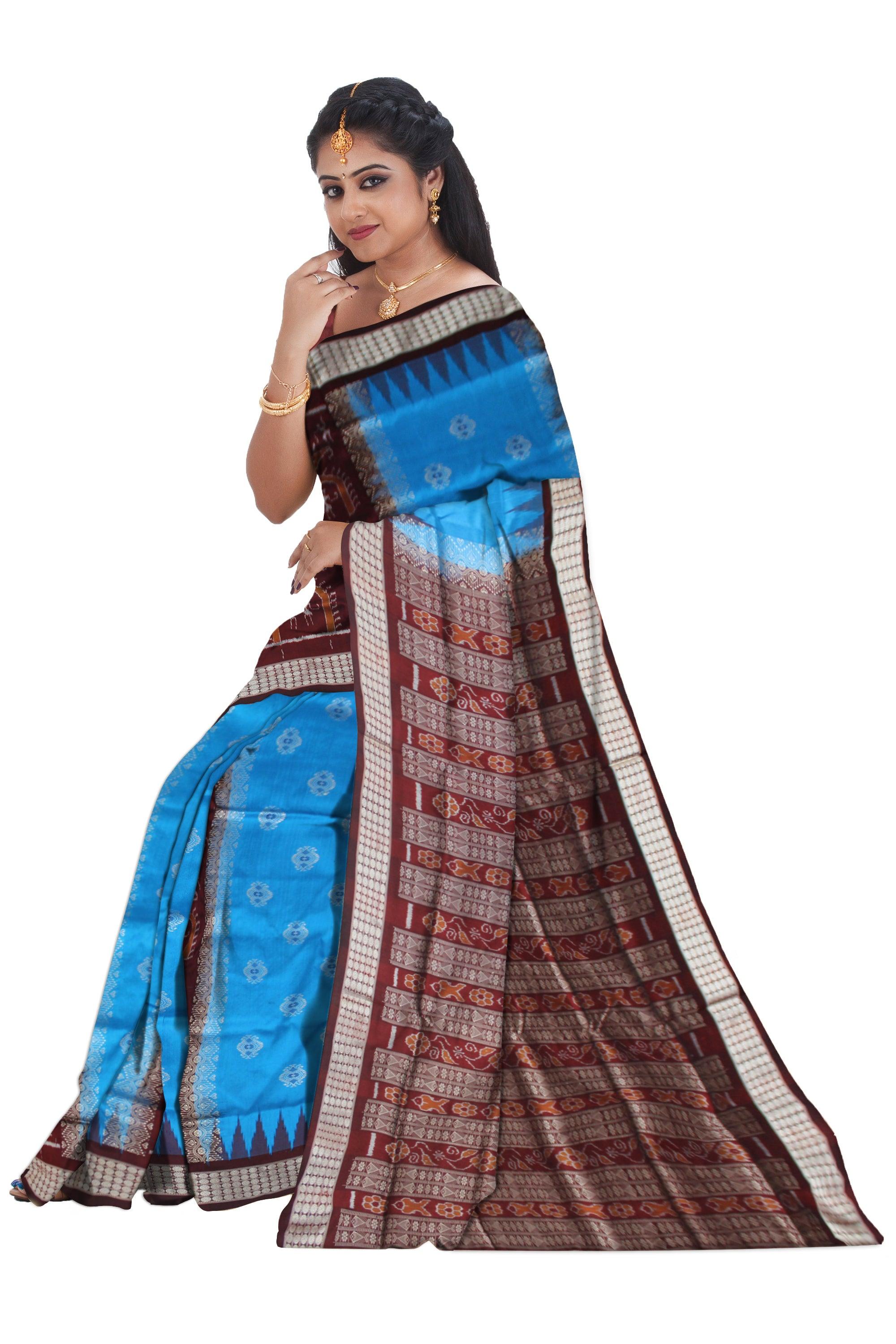 TERRACOTTA WITH BOMKEI PATTERN NEW COLLECTION PURE SILK SAREE IS SKY AND COFFEE COLOR BASE, COMES WITH MATCHNG BLOUSE PIECE. - Koshali Arts & Crafts Enterprise