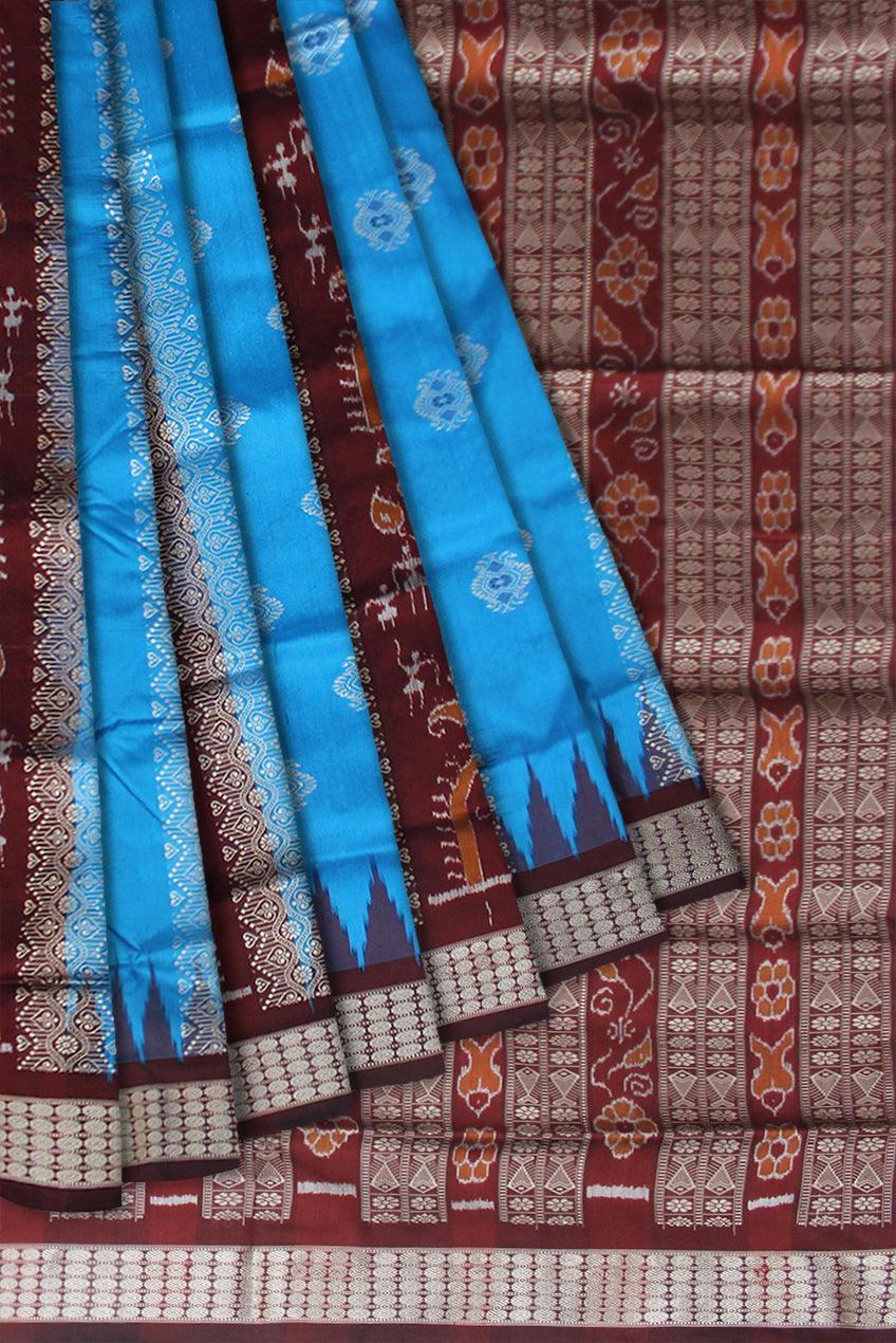 TERRACOTTA WITH BOMKEI PATTERN NEW COLLECTION PURE SILK SAREE IS SKY AND COFFEE COLOR BASE, COMES WITH MATCHNG BLOUSE PIECE. - Koshali Arts & Crafts Enterprise