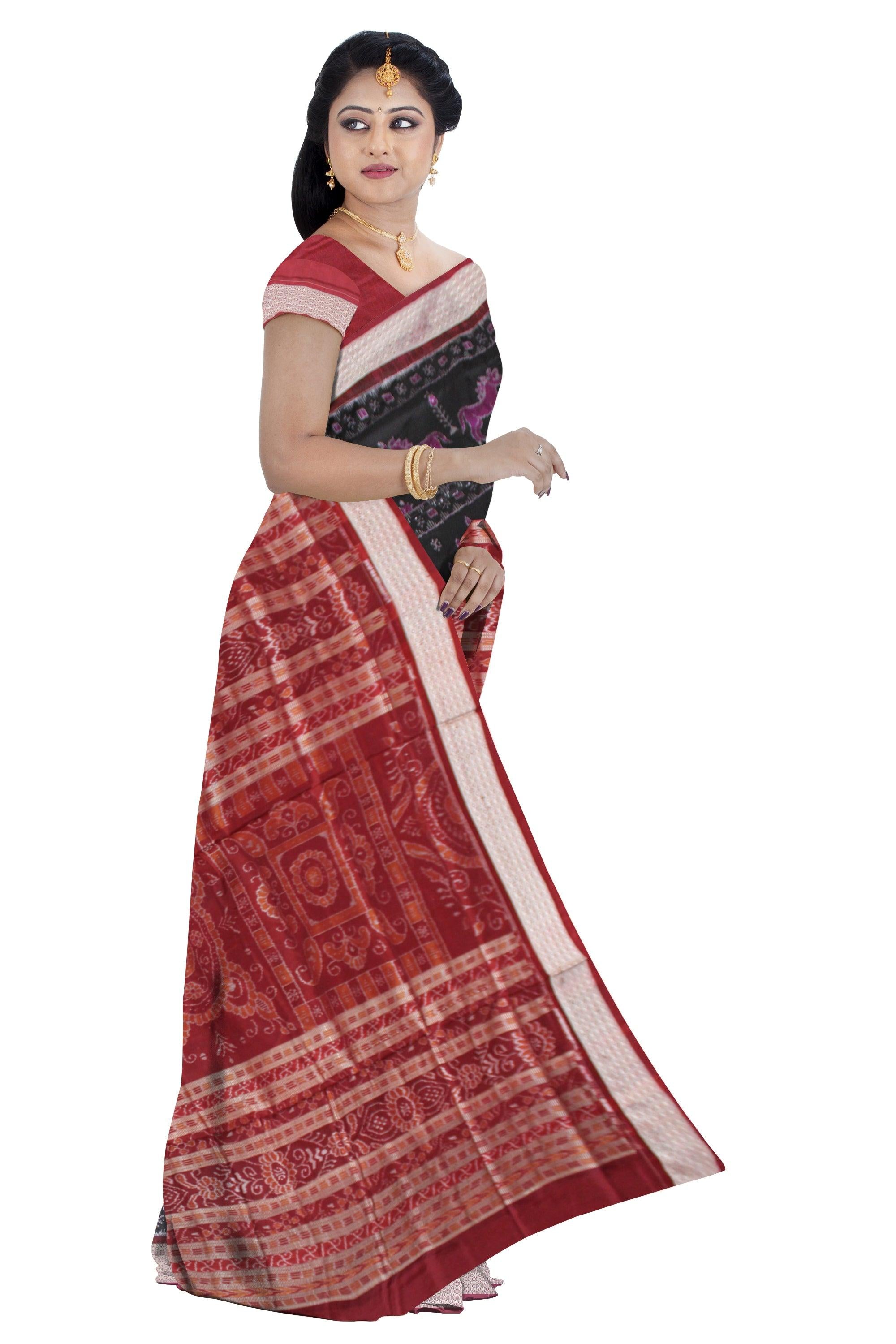 TRADITIONAL VILLAGE PATTERN PURE SILK SAREE IS BLACK AND MAROON COLOR BASE, AVAILABLE WITH BLOUSE PIECE. - Koshali Arts & Crafts Enterprise