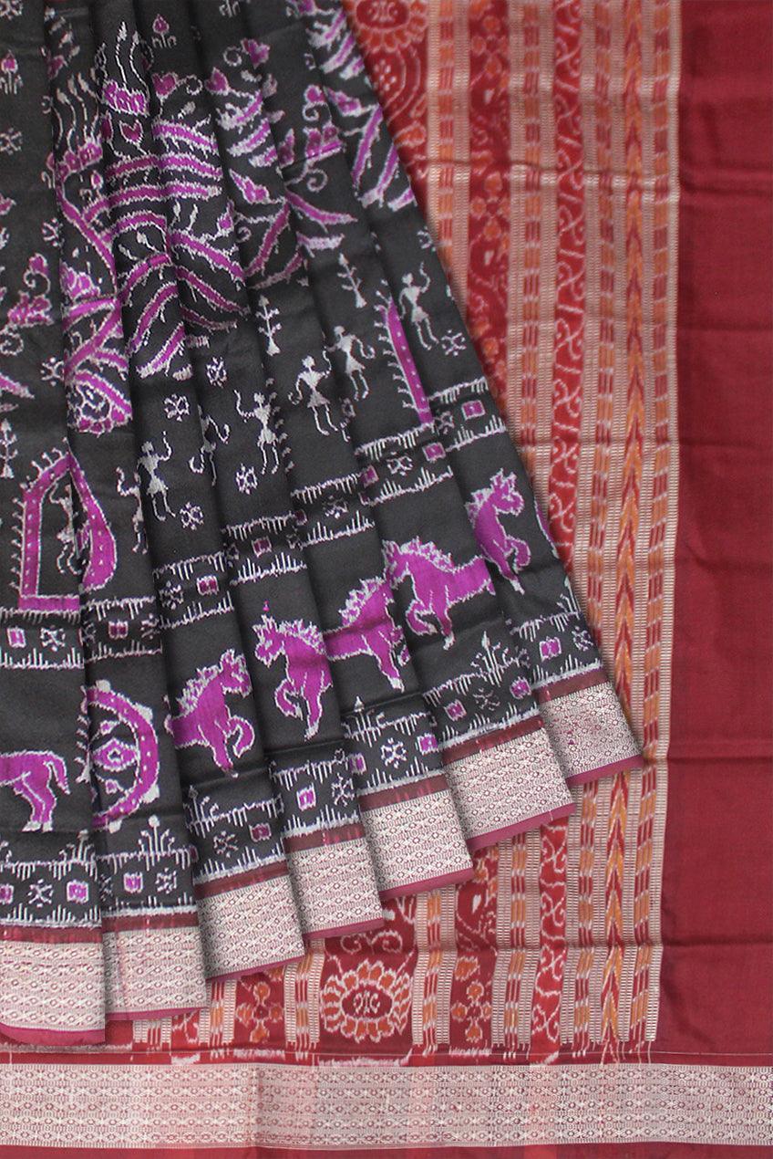 TRADITIONAL VILLAGE PATTERN PURE SILK SAREE IS BLACK AND MAROON COLOR BASE, AVAILABLE WITH BLOUSE PIECE. - Koshali Arts & Crafts Enterprise