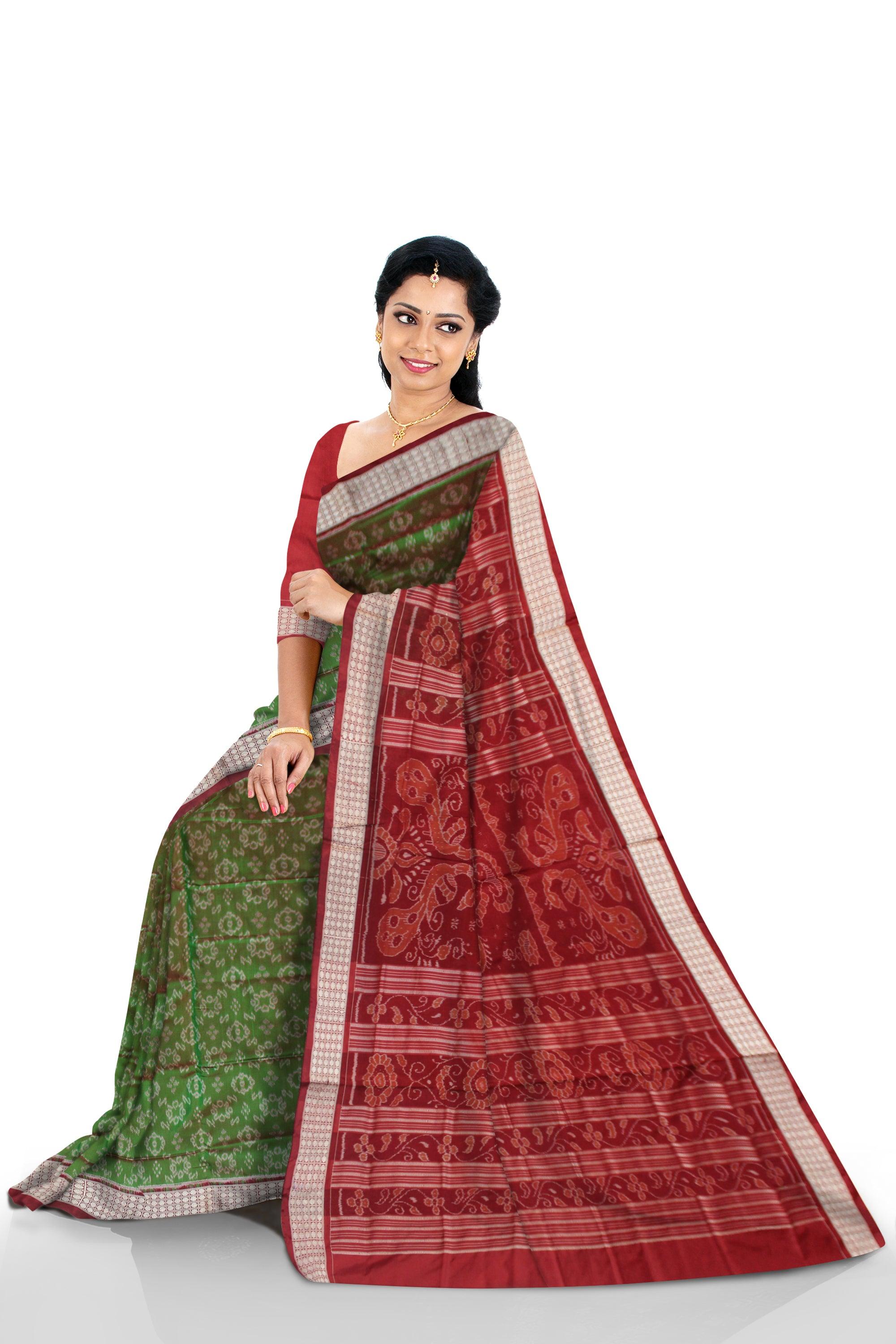 LIGHT GREEN AND MAROON COLOR BODY BANDHA PATTERN SILK SAREE , WITH MATCHING BLOUSE PIECE. - Koshali Arts & Crafts Enterprise