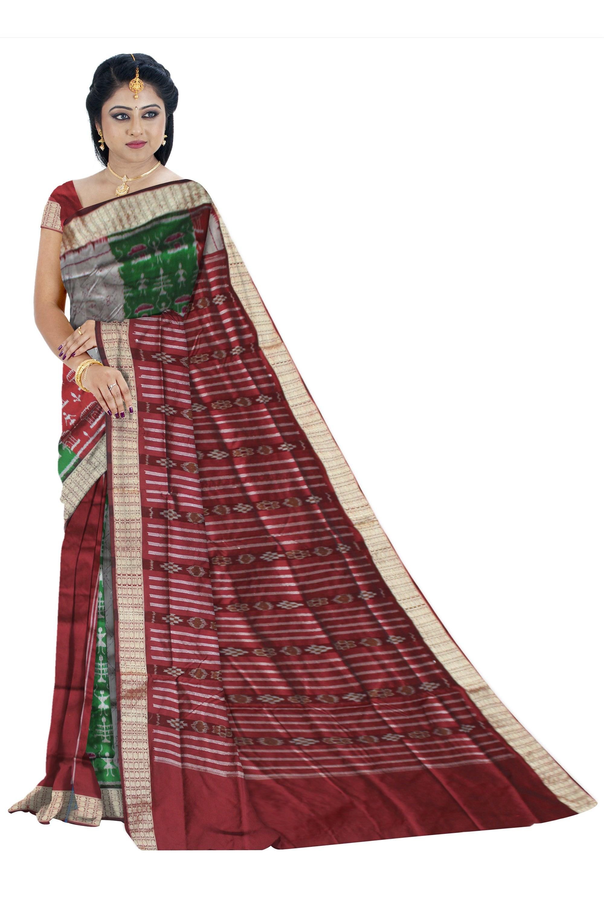 BODY TERRACOTTA PATTERN GREEN, SILVER AND MAROON COLOR PATLI PATA SAREE, WITH MATCHING BLOUSE PIECE. - Koshali Arts & Crafts Enterprise