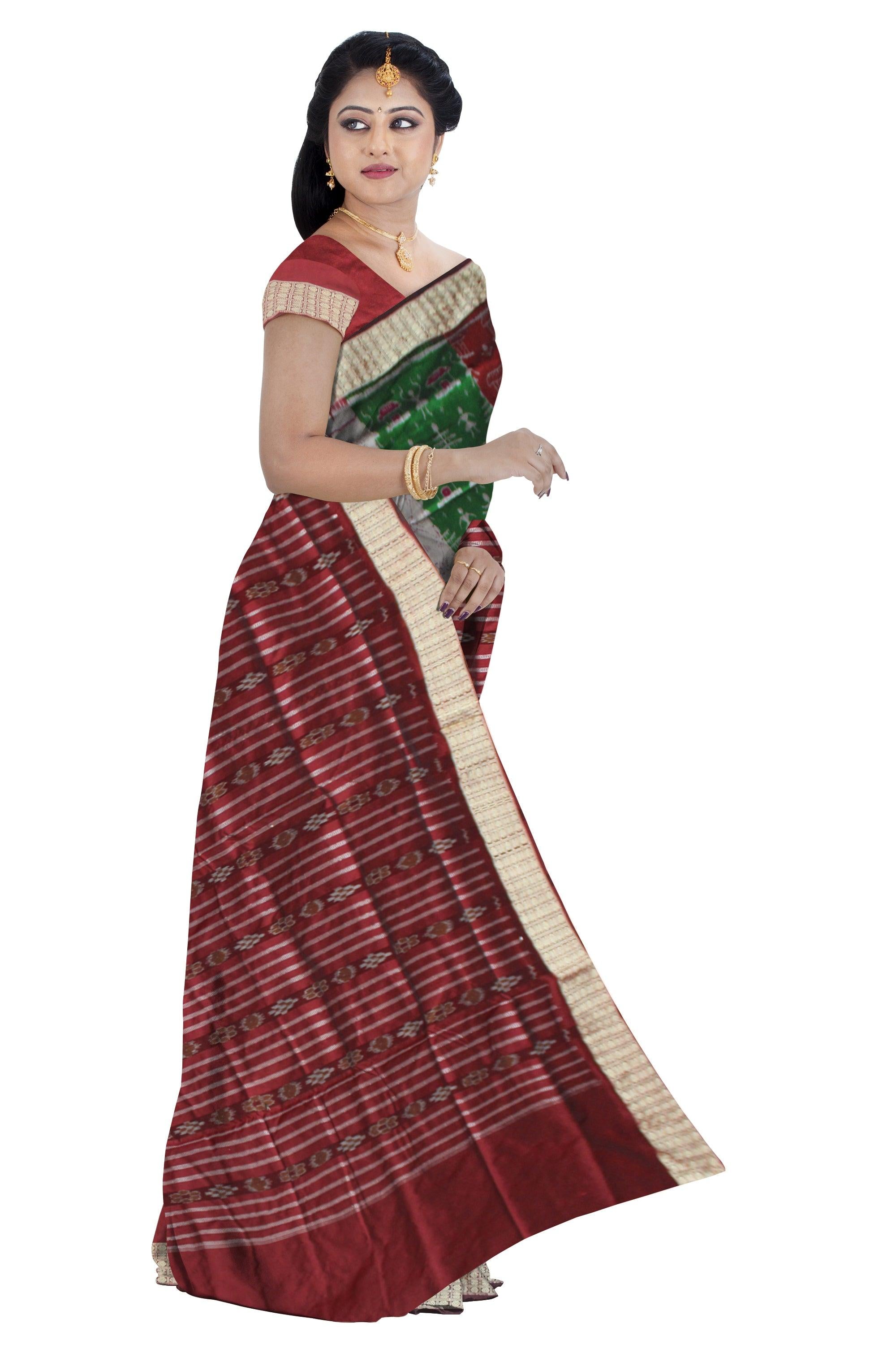 BODY TERRACOTTA PATTERN GREEN, SILVER AND MAROON COLOR PATLI PATA SAREE, WITH MATCHING BLOUSE PIECE. - Koshali Arts & Crafts Enterprise