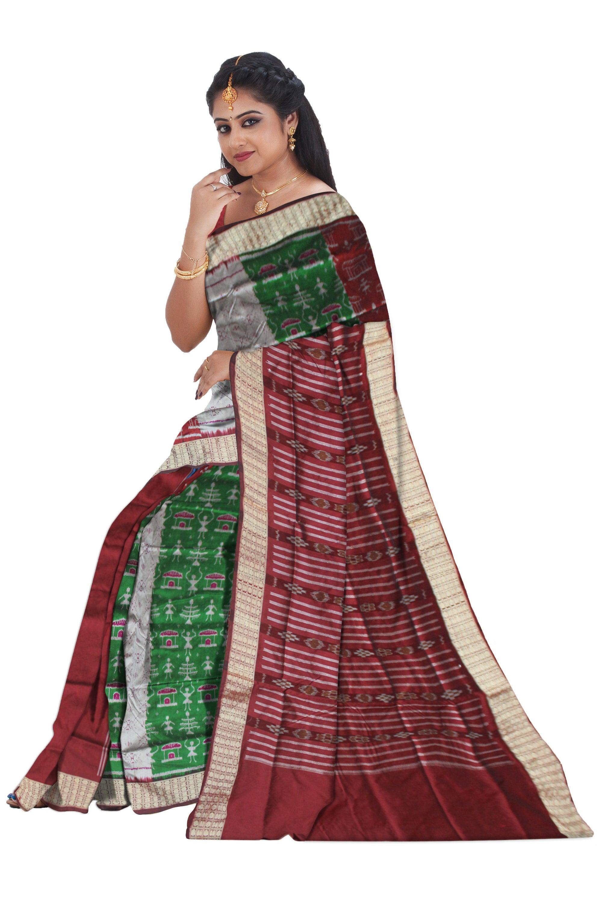 BODY TERRACOTTA PATTERN GREEN, SILVER AND MAROON COLOR PATLI PATA SAREE, WITH MATCHING BLOUSE PIECE. - Koshali Arts & Crafts Enterprise