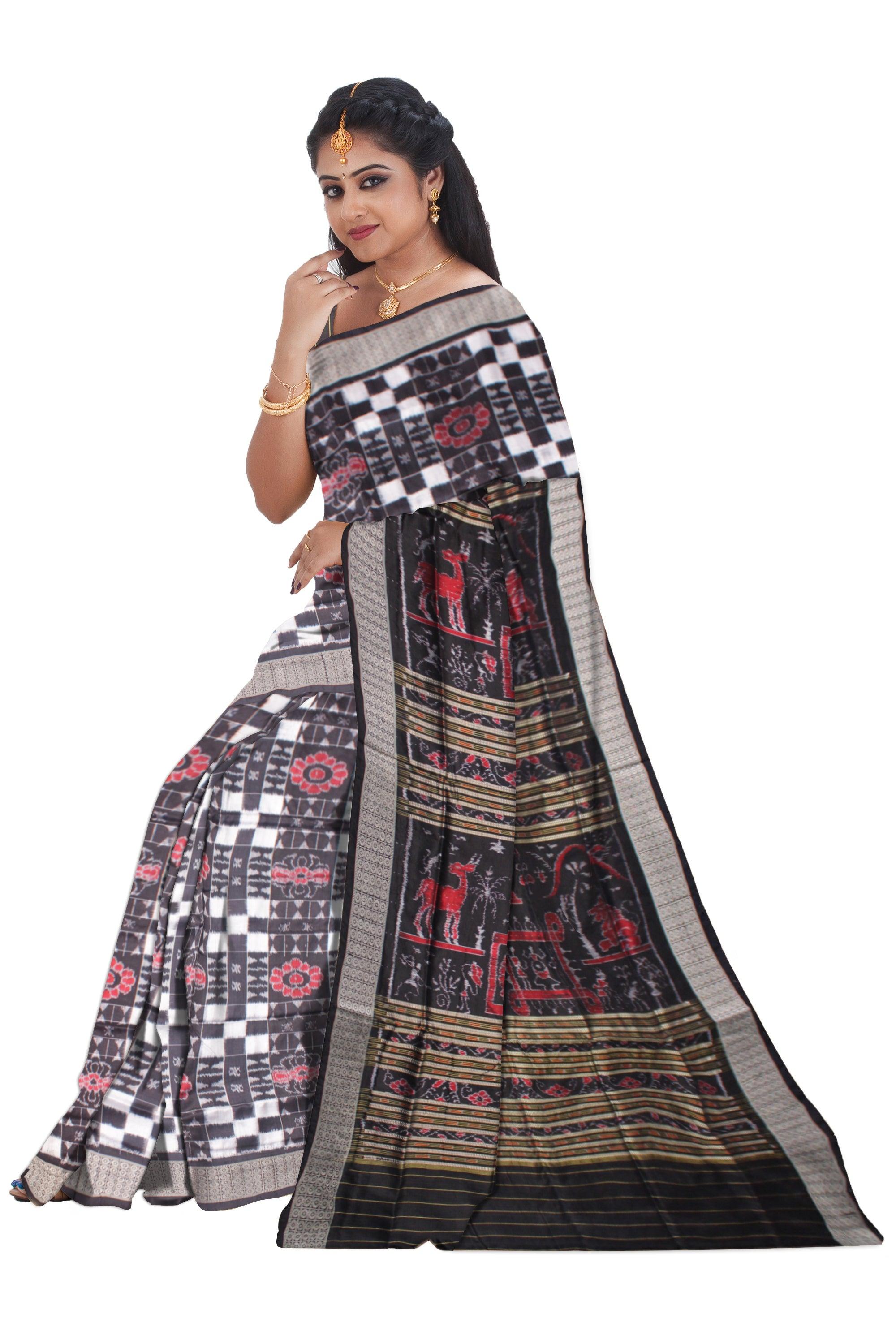 PASAPALI WORK PURE SILK SAREE IS BLACK AND WHITE COLOR BASE, WITH BLOUSE PIECE. - Koshali Arts & Crafts Enterprise