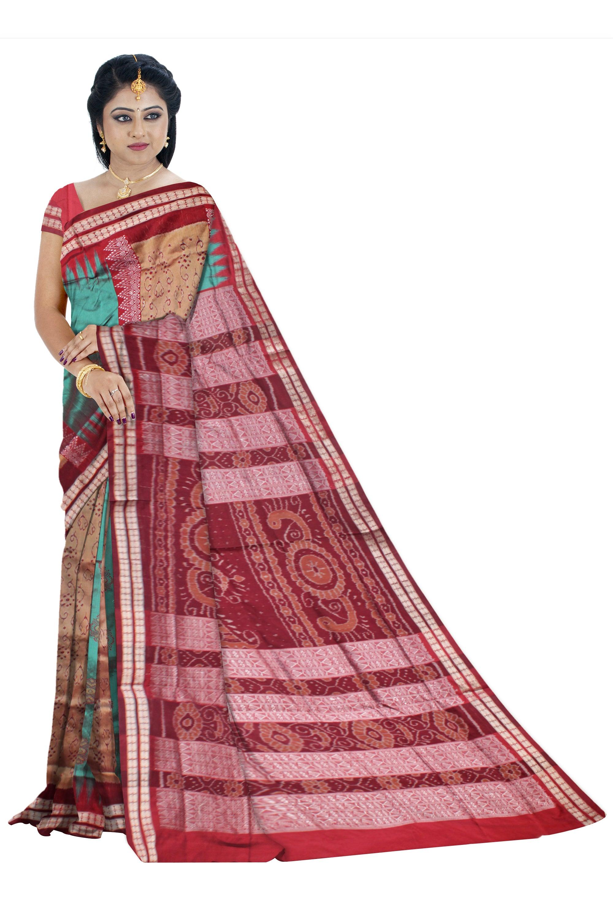 SEA GREEN, GOLDEN AND MAROON COLOR BASE BOMKEI PATTERN PATA SAREE, WITH MATCHING BLOUSE PIECE. - Koshali Arts & Crafts Enterprise