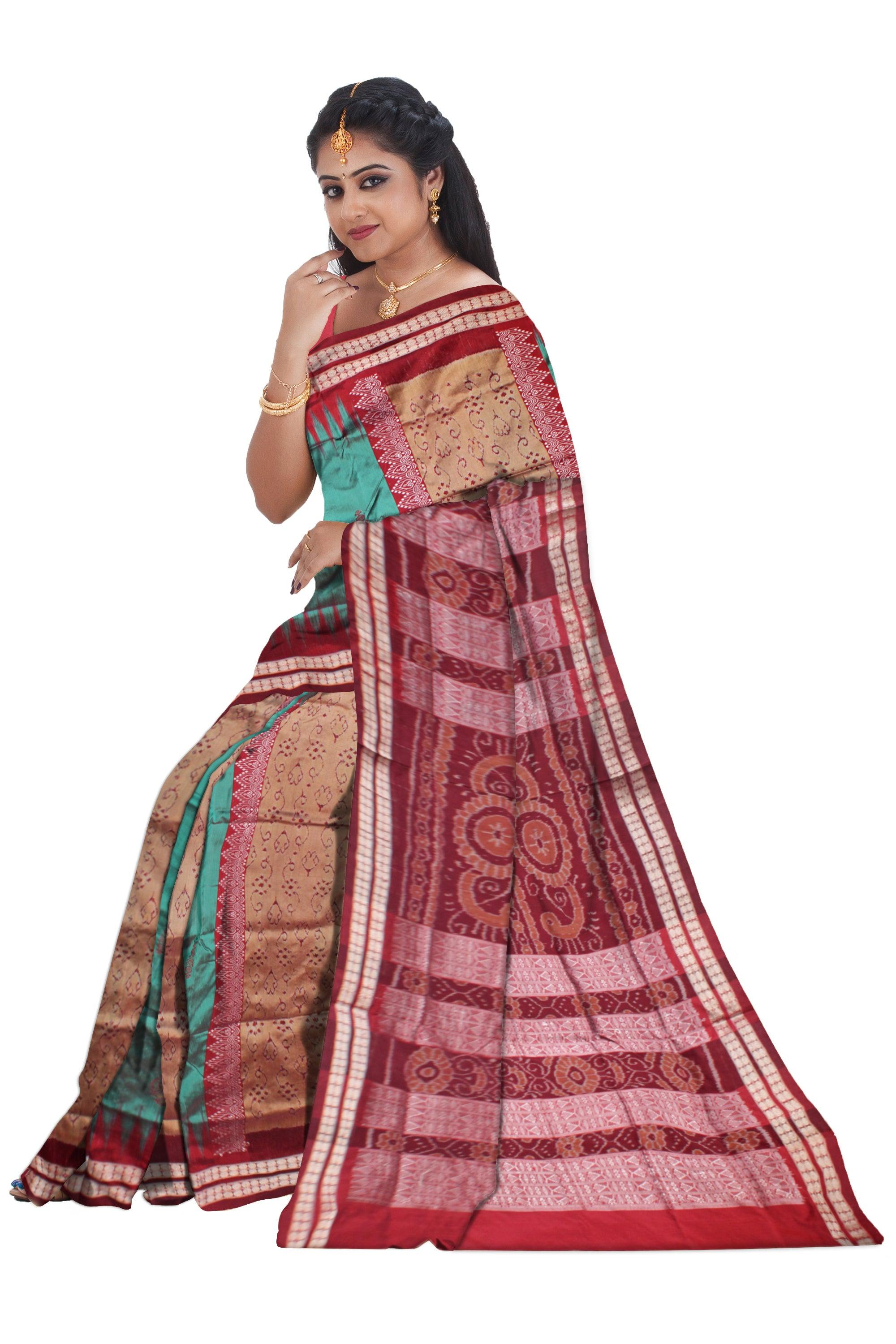 SEA GREEN, GOLDEN AND MAROON COLOR BASE BOMKEI PATTERN PATA SAREE, WITH MATCHING BLOUSE PIECE. - Koshali Arts & Crafts Enterprise