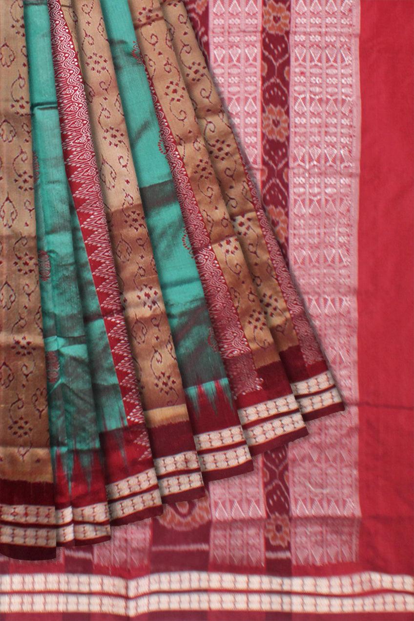 SEA GREEN, GOLDEN AND MAROON COLOR BASE BOMKEI PATTERN PATA SAREE, WITH MATCHING BLOUSE PIECE. - Koshali Arts & Crafts Enterprise