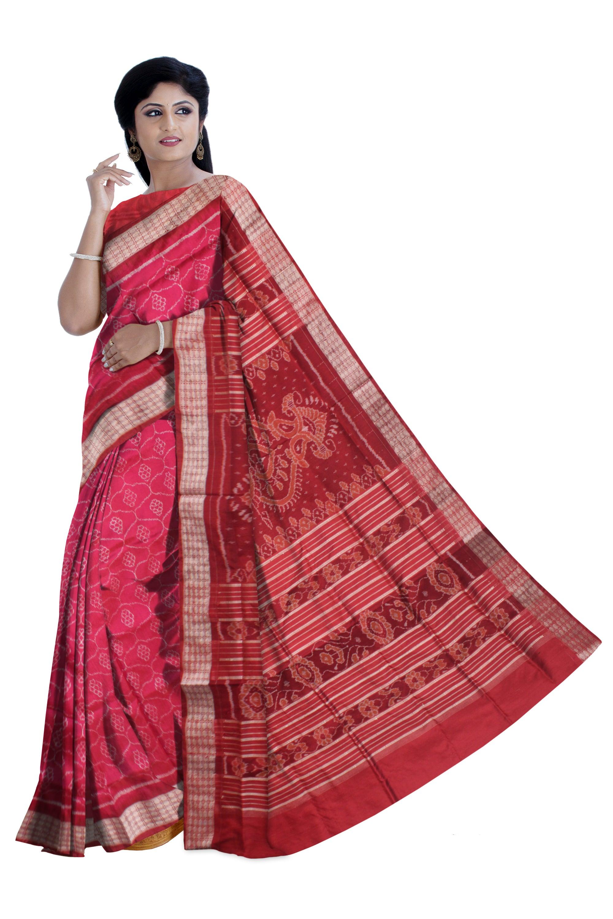 LATEST TRADITIONAL PATA SAREE IS HOT PINK AND MAROON COLOR BASE, COMES WITH MAROON BLOUSE PIECE. - Koshali Arts & Crafts Enterprise