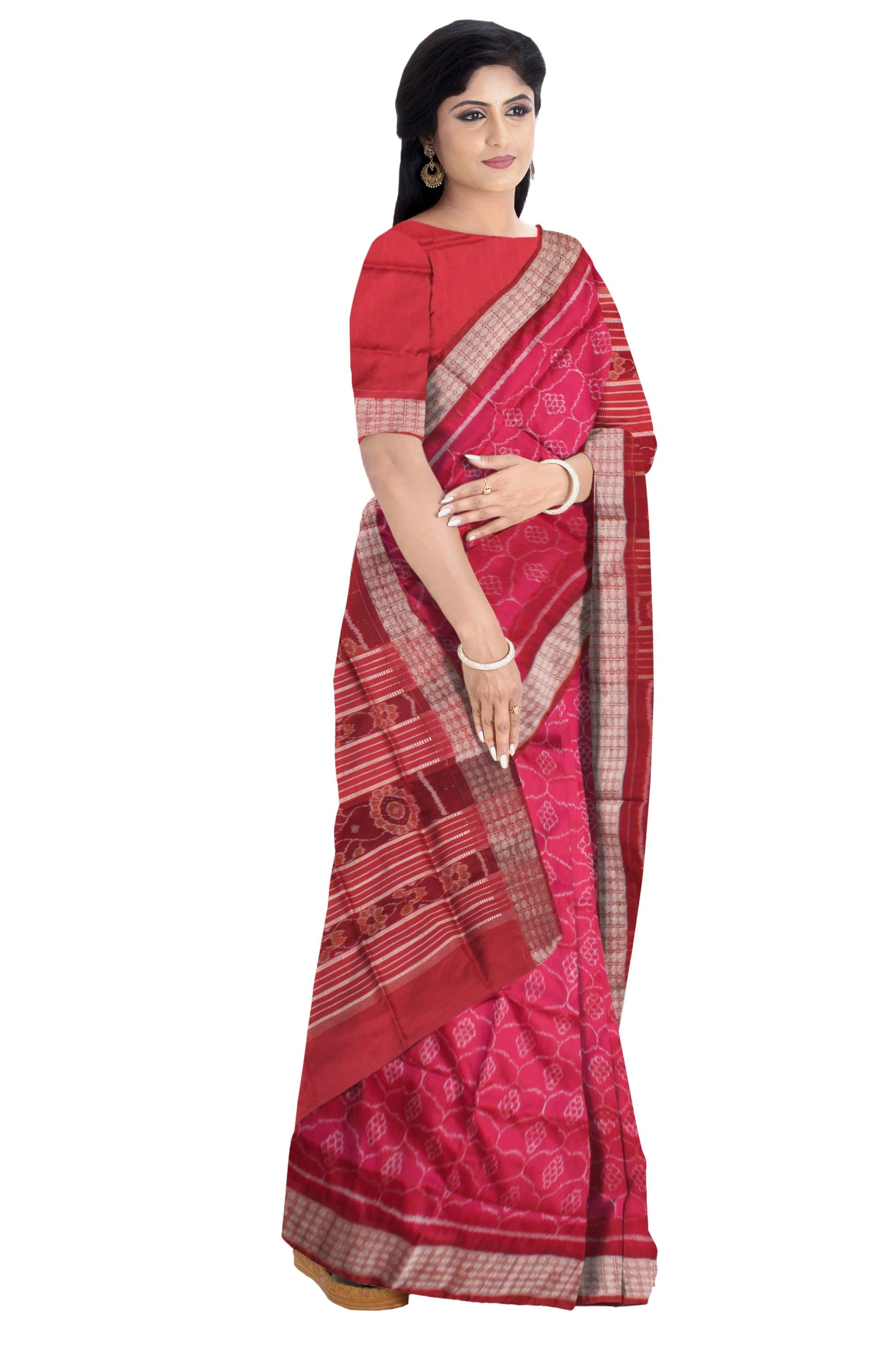 LATEST TRADITIONAL PATA SAREE IS HOT PINK AND MAROON COLOR BASE, COMES WITH MAROON BLOUSE PIECE. - Koshali Arts & Crafts Enterprise