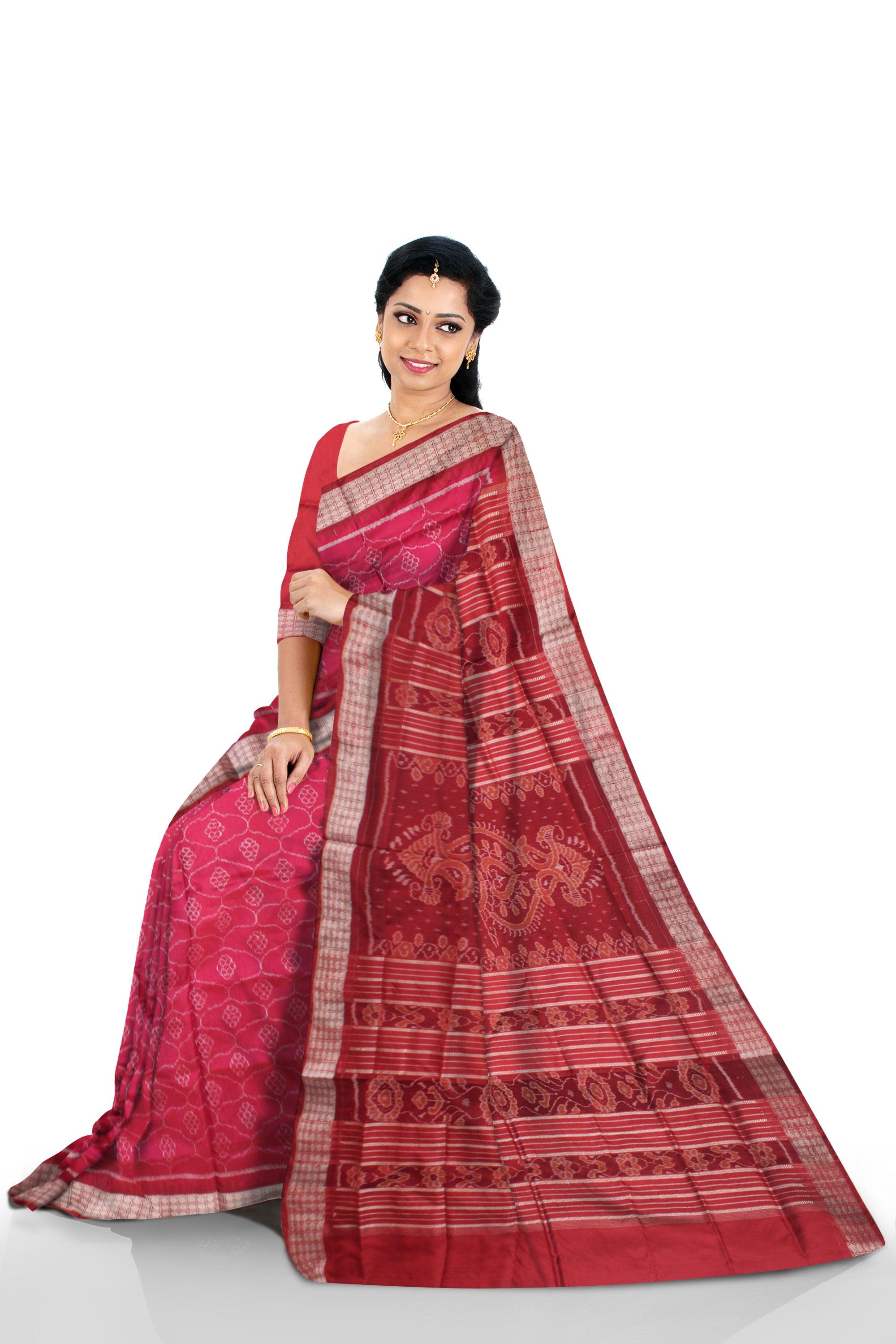 LATEST TRADITIONAL PATA SAREE IS HOT PINK AND MAROON COLOR BASE, COMES WITH MAROON BLOUSE PIECE. - Koshali Arts & Crafts Enterprise