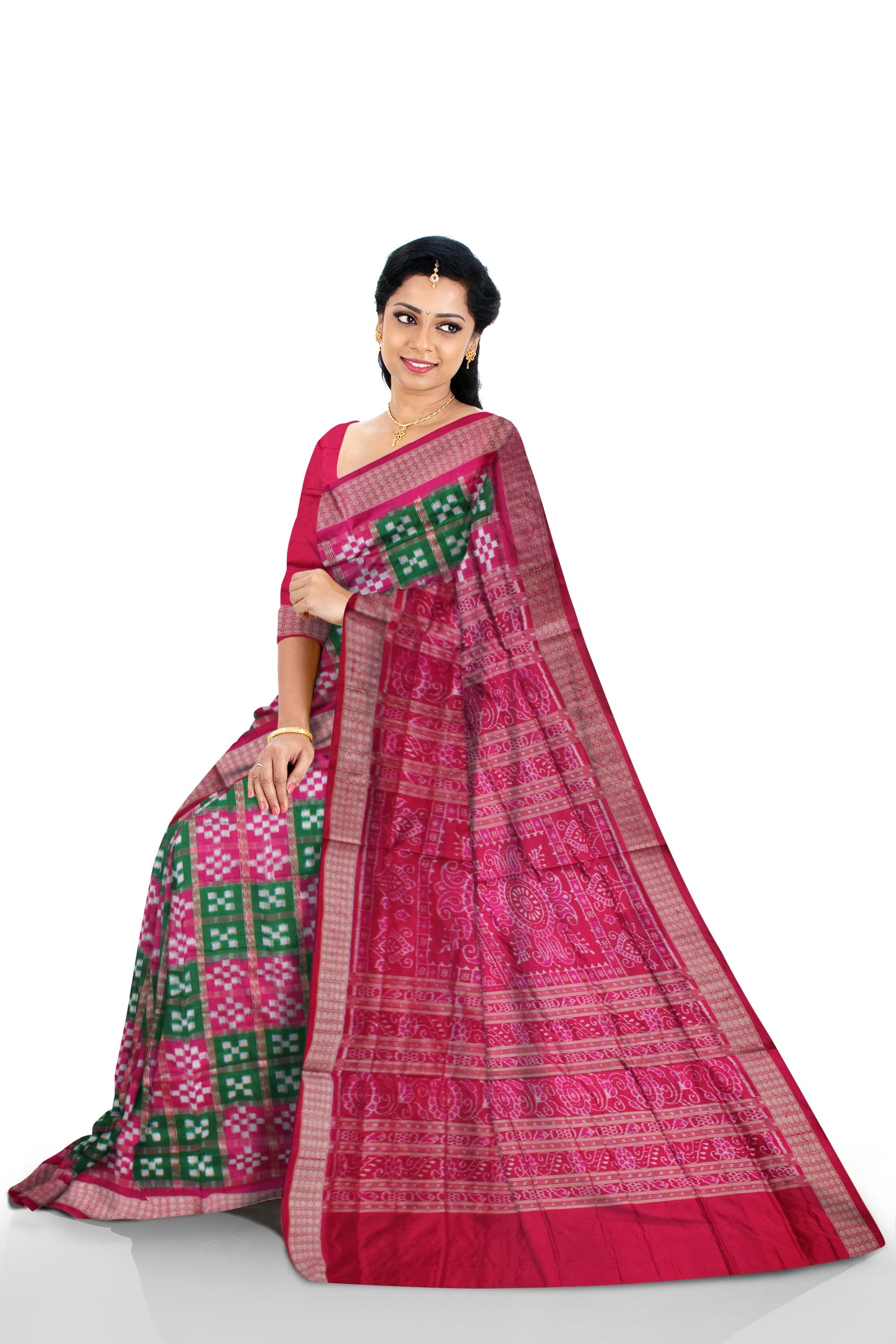 ROSY PINK AND GREEN COLOR BASE PURE PASAPALI PATTERN SILK SAREE, WITH MATCHING BLOUSE PIECE. - Koshali Arts & Crafts Enterprise