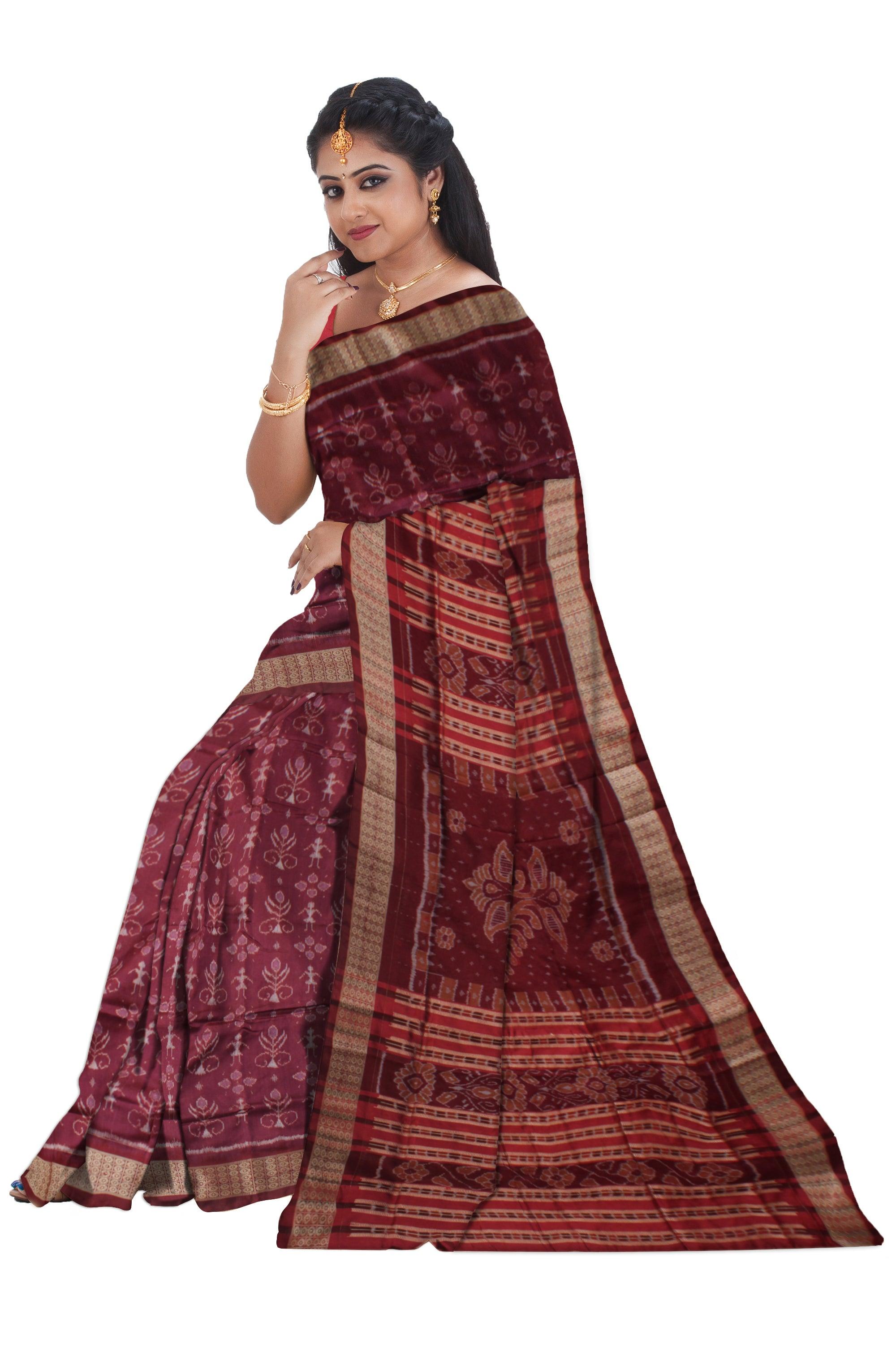 TERRACOTTA WITH TREE PATTERN PATA SAREE IS CHOCOLATE MAROON COLOR BASE, WITH MATCHING BLOUSE PIECE. - Koshali Arts & Crafts Enterprise
