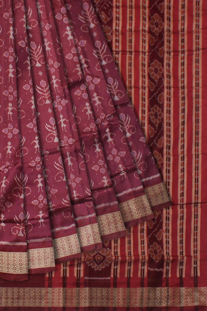 TERRACOTTA WITH TREE PATTERN PATA SAREE IS CHOCOLATE MAROON COLOR BASE, WITH MATCHING BLOUSE PIECE. - Koshali Arts & Crafts Enterprise