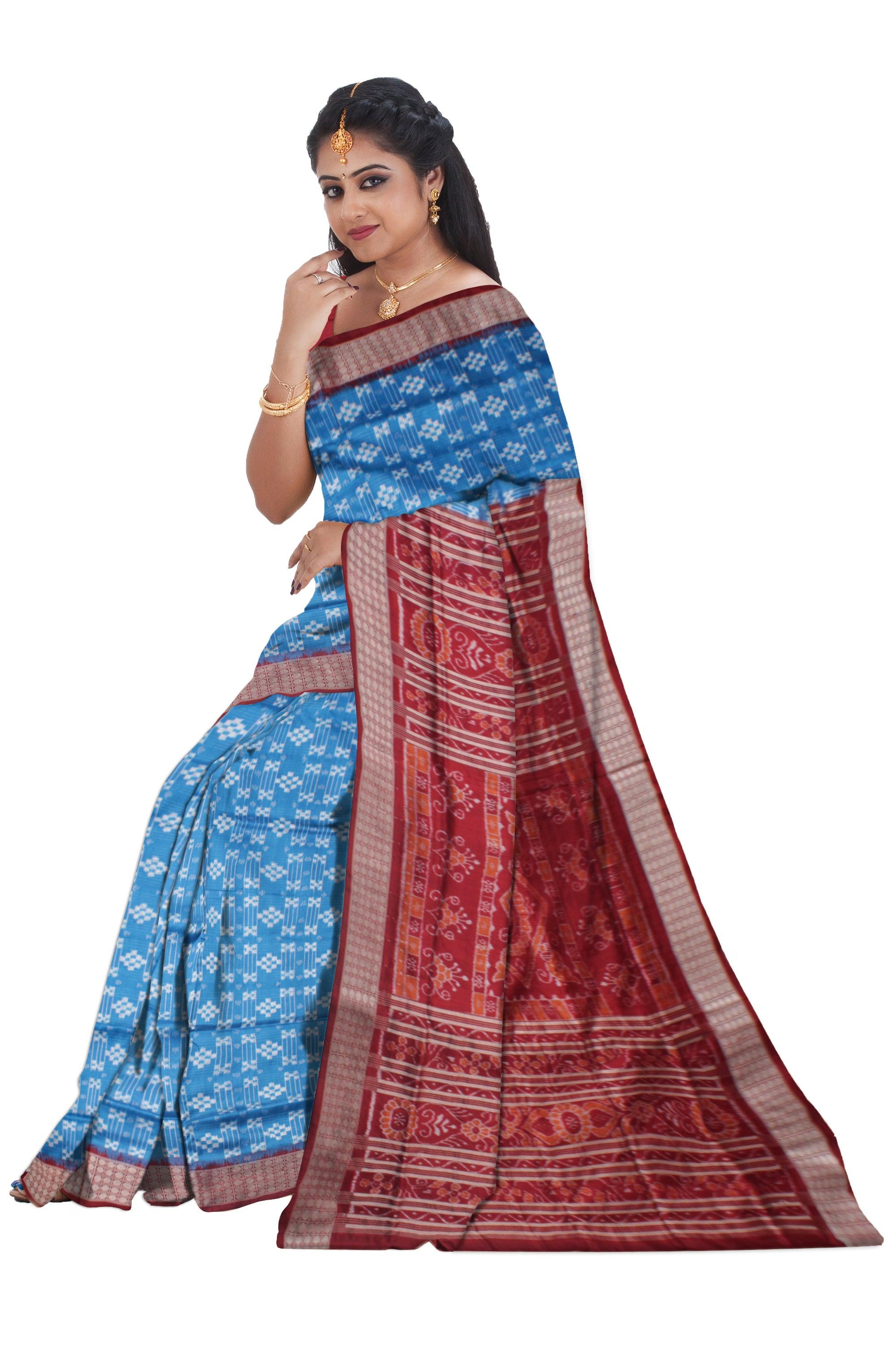 TRADITIONAL PASAPALI PATTERN PURE SILK SAREE IS SKY AND MAROON COLOR BASE, ATTACHED WITH MATCHING BLOUSE PIECE. - Koshali Arts & Crafts Enterprise