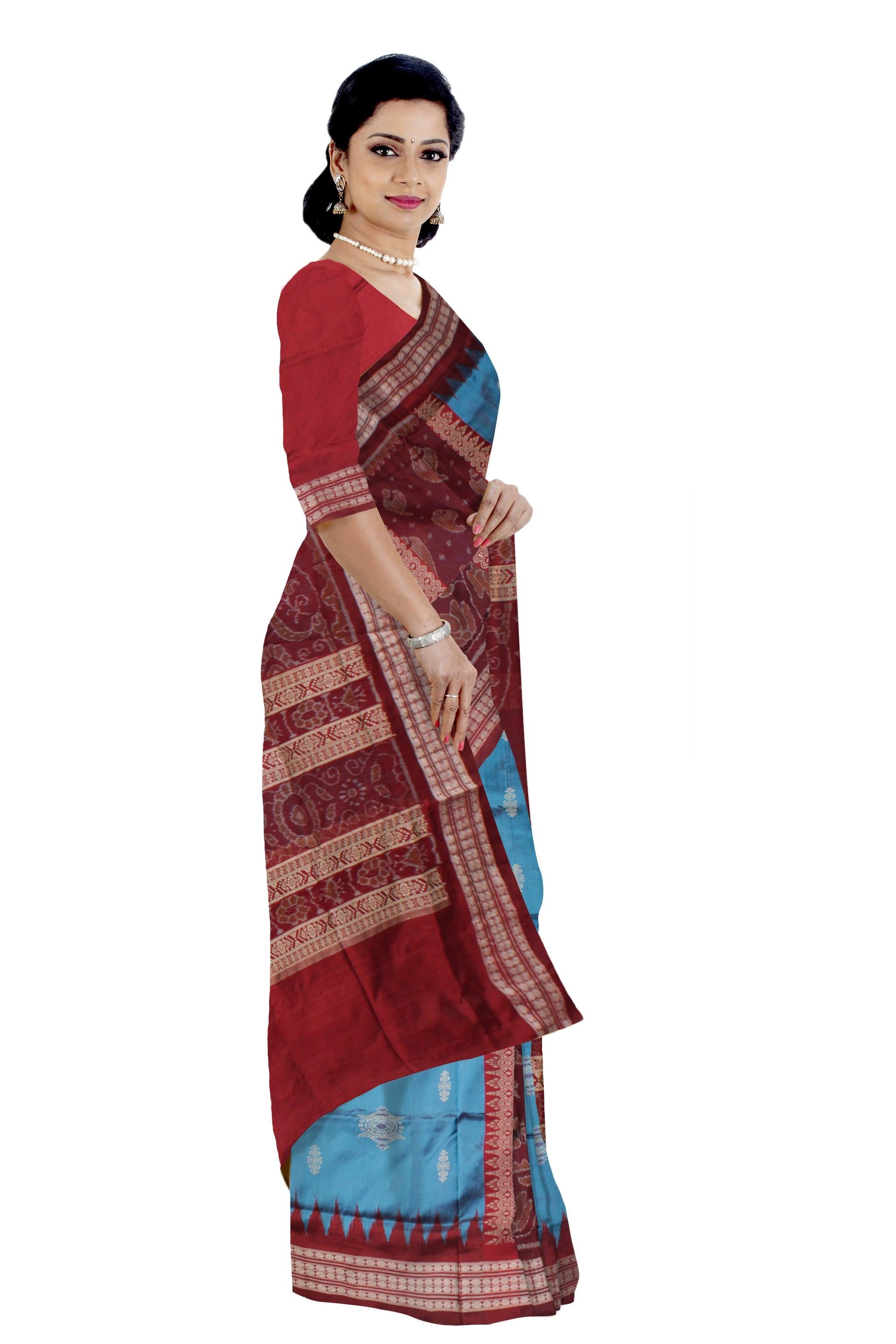 SKY BLUE AND MAROON COLOR SANKHA PATTERN BOMKEI PATA SAREE , COMES WITH MATCHING BLOUSE PIECE. - Koshali Arts & Crafts Enterprise