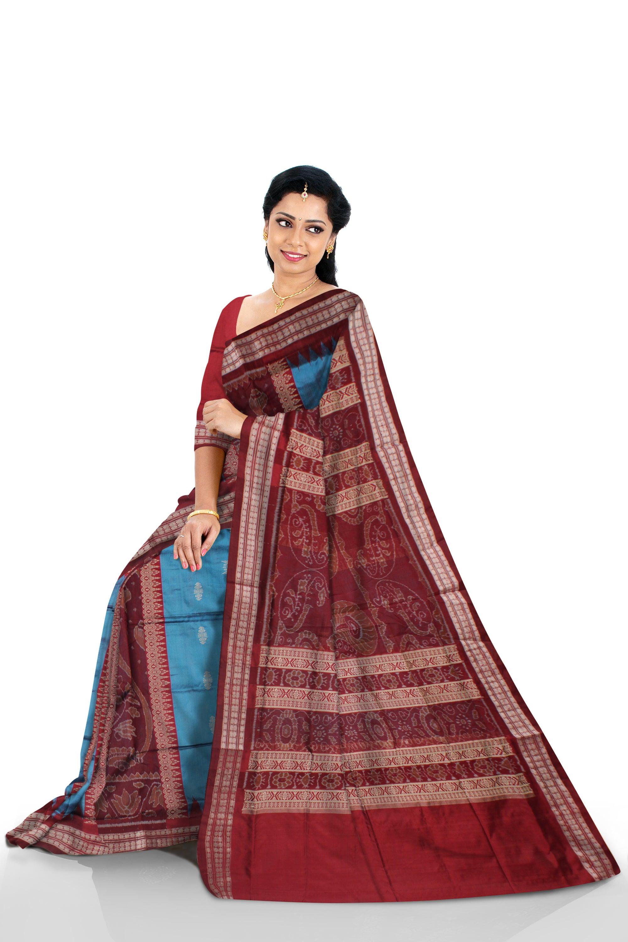 SKY BLUE AND MAROON COLOR SANKHA PATTERN BOMKEI PATA SAREE , COMES WITH MATCHING BLOUSE PIECE. - Koshali Arts & Crafts Enterprise