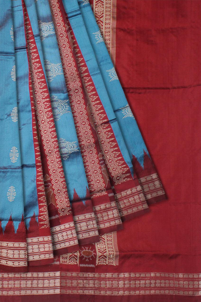 SKY BLUE AND MAROON COLOR SANKHA PATTERN BOMKEI PATA SAREE , COMES WITH MATCHING BLOUSE PIECE. - Koshali Arts & Crafts Enterprise