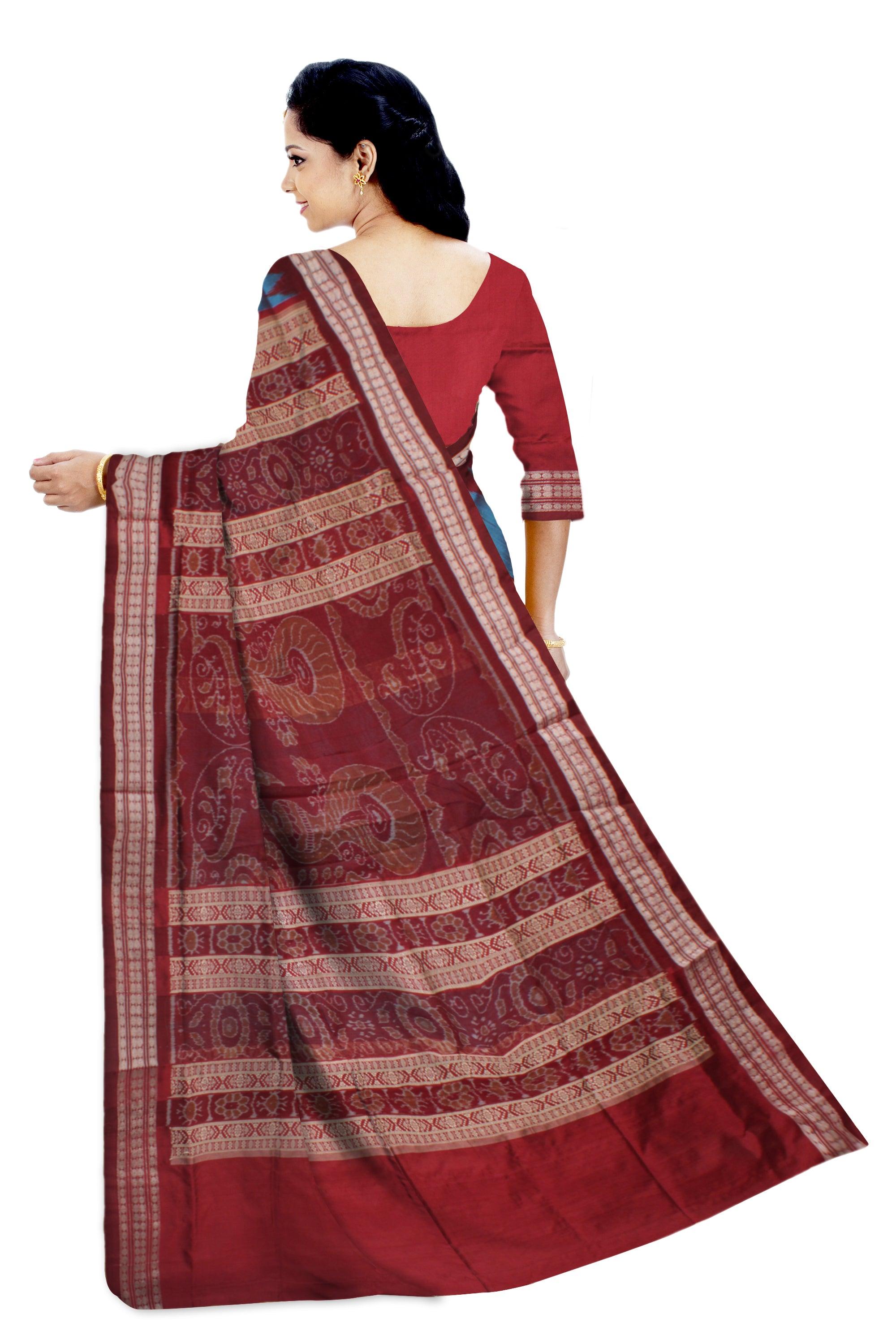 SKY BLUE AND MAROON COLOR SANKHA PATTERN BOMKEI PATA SAREE , COMES WITH MATCHING BLOUSE PIECE. - Koshali Arts & Crafts Enterprise