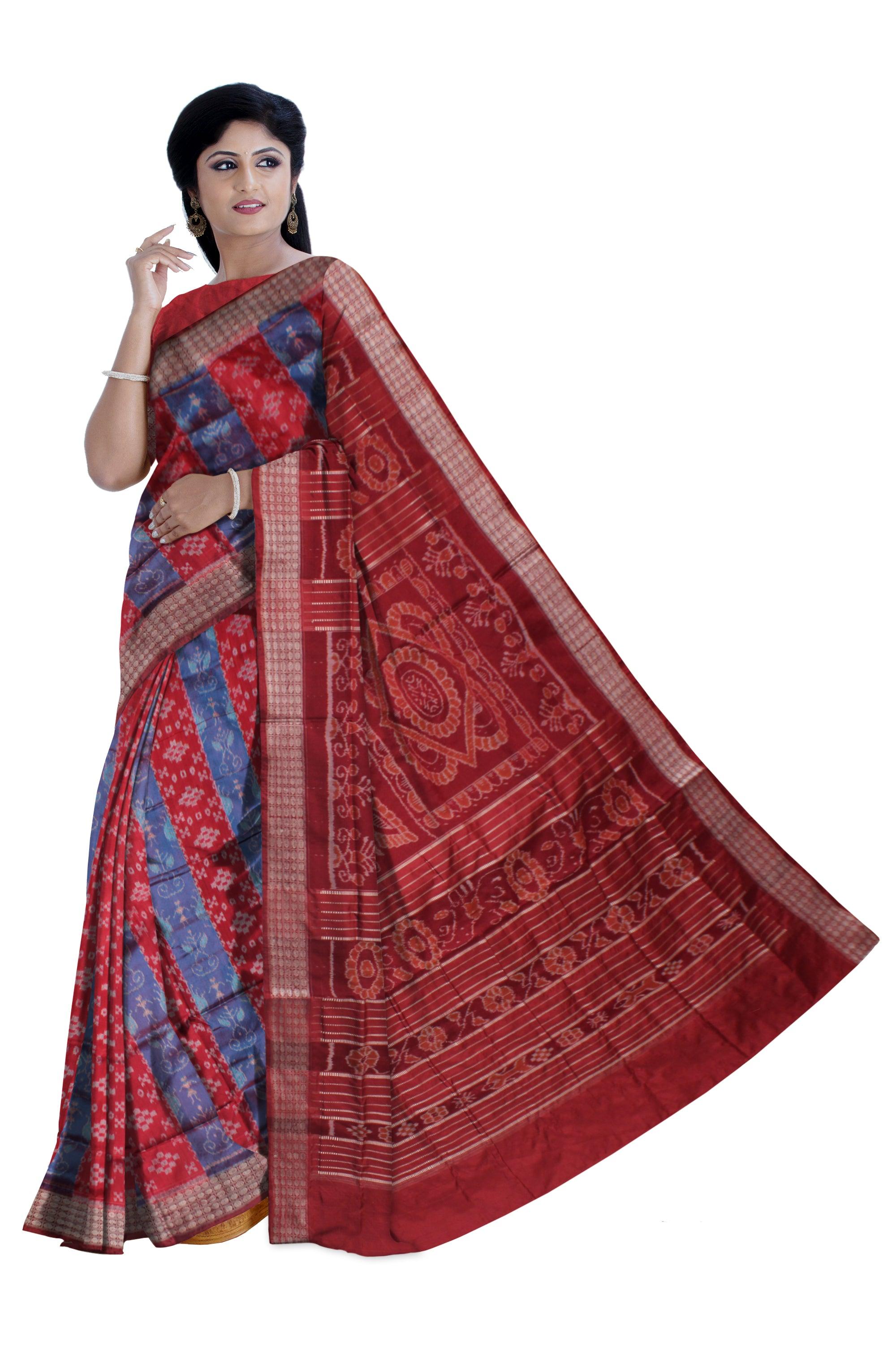 TERRACOTTA WITH PASAPALI PATTERN PATA SAREE IS ROSY PINK AND LIGHT SKY COLOR BASE,WITH MATCHING BLOUSE PIECE. - Koshali Arts & Crafts Enterprise