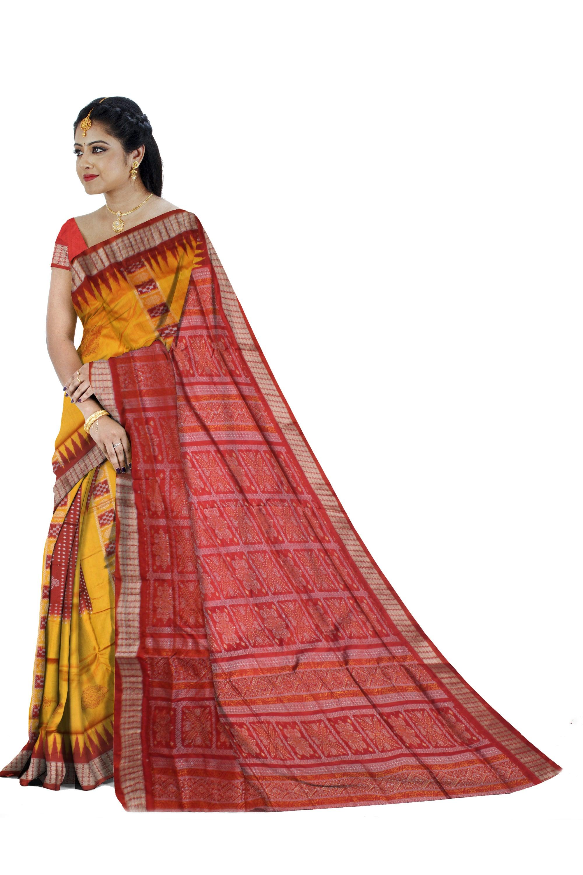 YELLOW AND MAROON COLOR CHANDUA PATA SAREE,WITH MATCHING BLOUSE PIECE. - Koshali Arts & Crafts Enterprise
